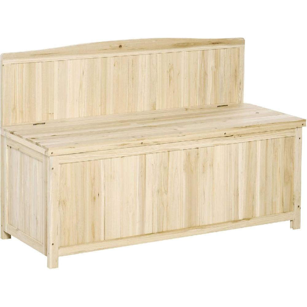 Panca contenitore in legno chiaro con coperchio incernierato e schienale a doghe.