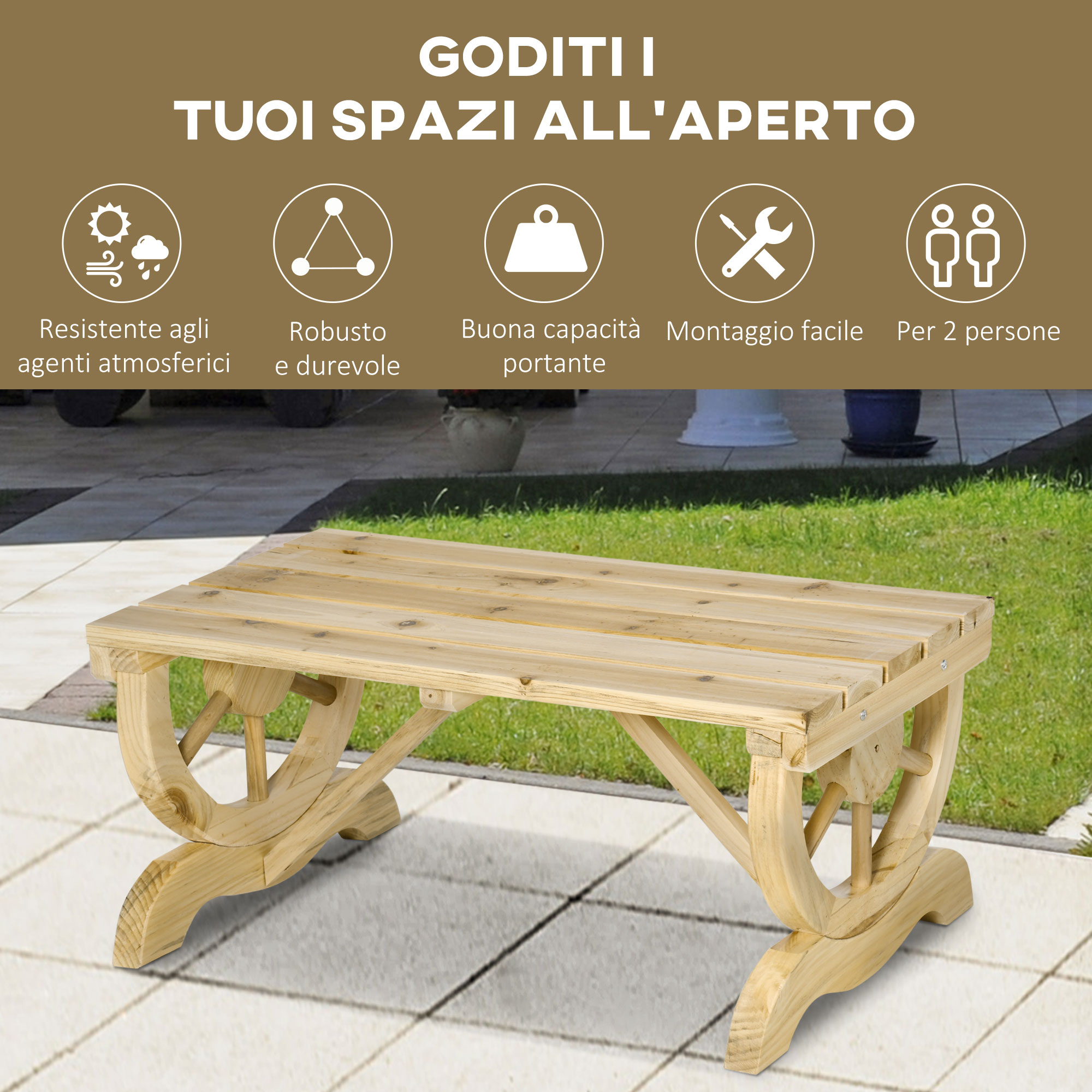 Panca in legno con gambe a forma di ruota su un patio pavimentato con erba.