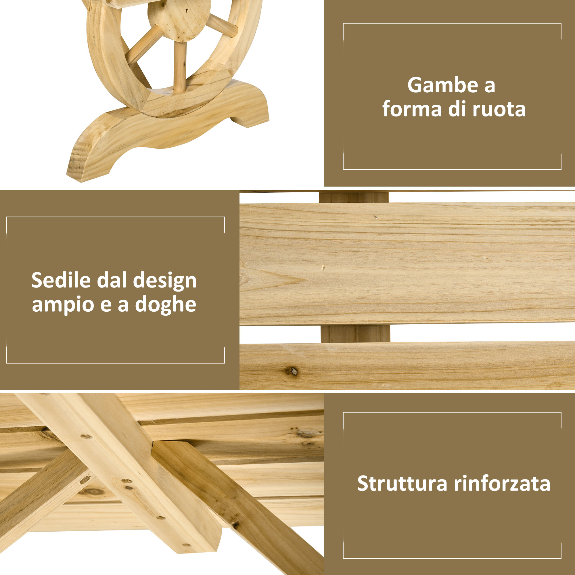 Panca in legno con gambe a forma di ruota, sedile a doghe e struttura rinforzata.