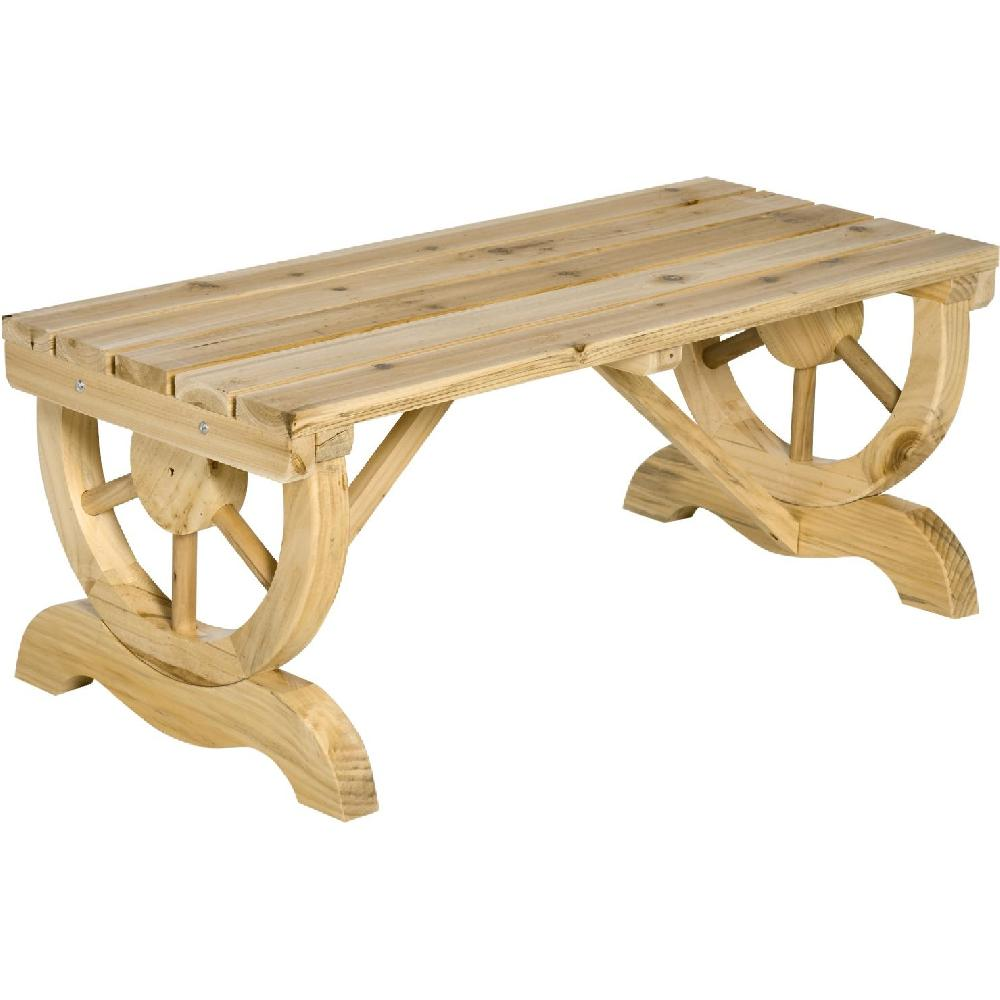 Una panchina di legno con gambe a ruota di carro su sfondo bianco.