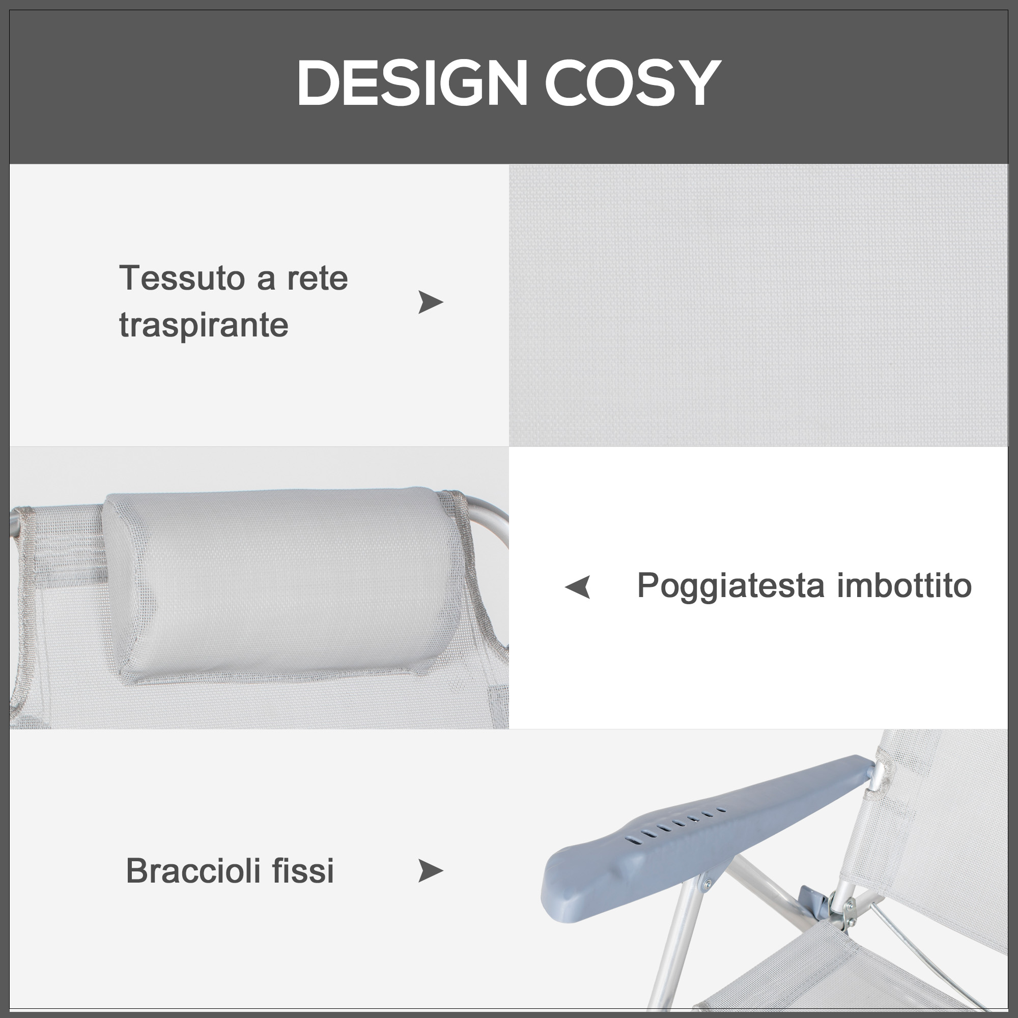 L'immagine mostra una sdraio con tessuto a rete traspirante, poggiatesta imbottito e braccioli fissi.