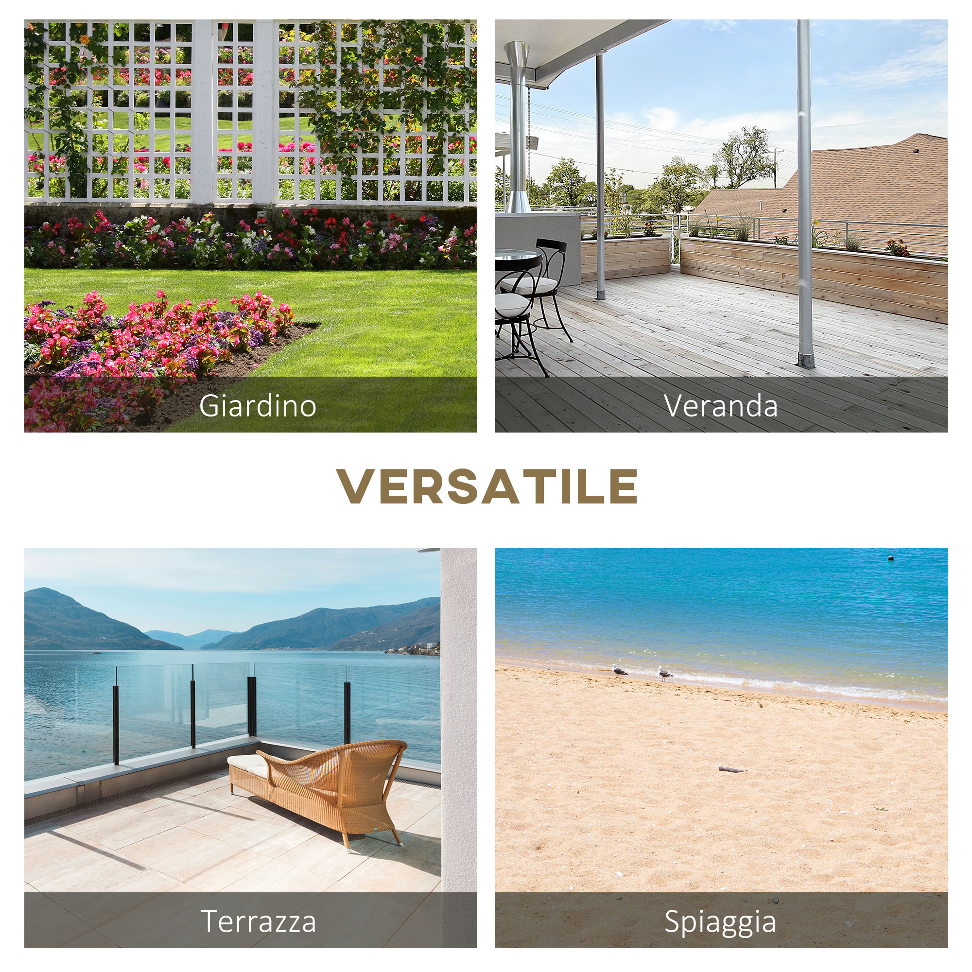 Quattro scene: Giardino, veranda, terrazzo sul lago, spiaggia sabbiosa con gabbiani.
