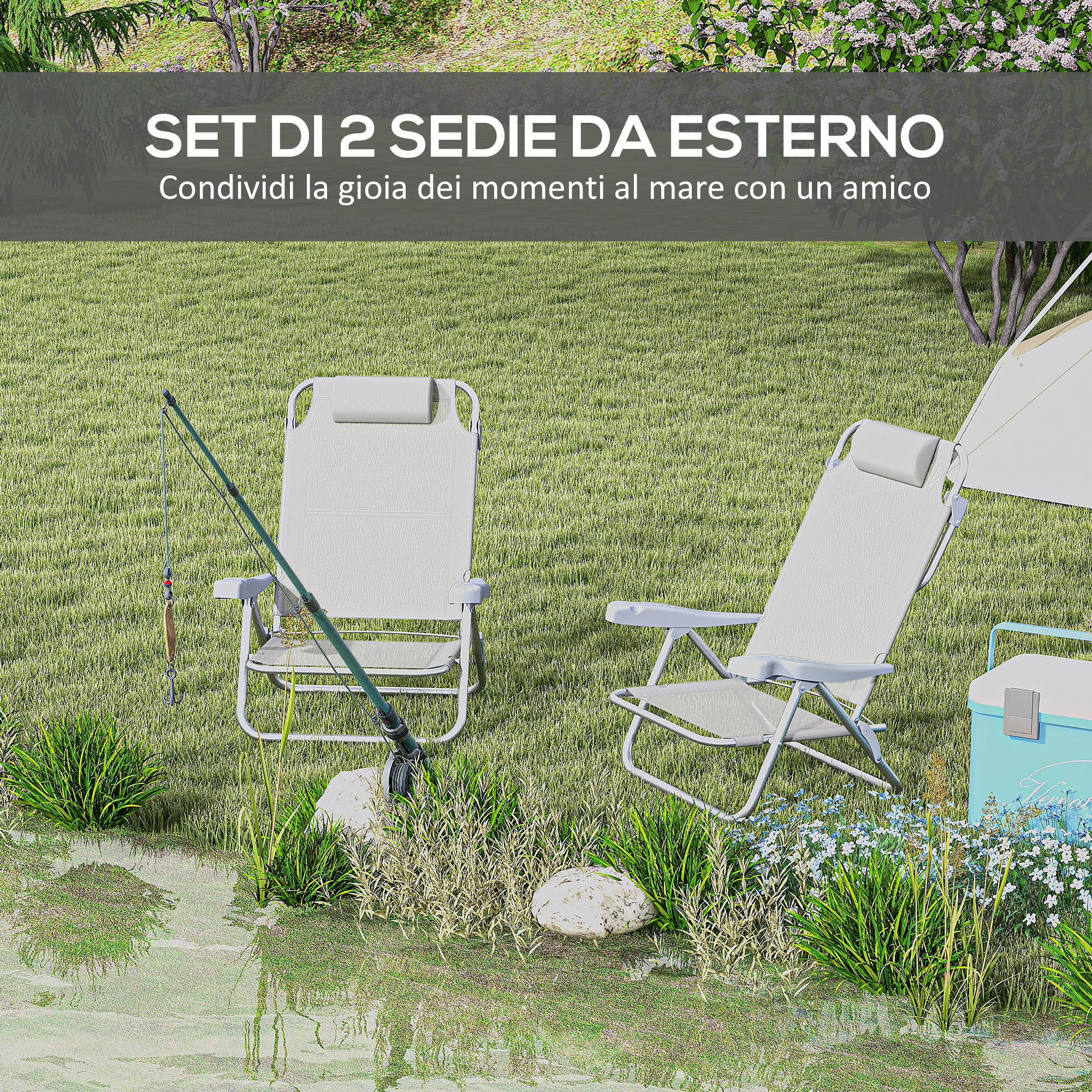 Due sedie da esterno bianche vicino all'acqua con canna da pesca e borsa frigo.