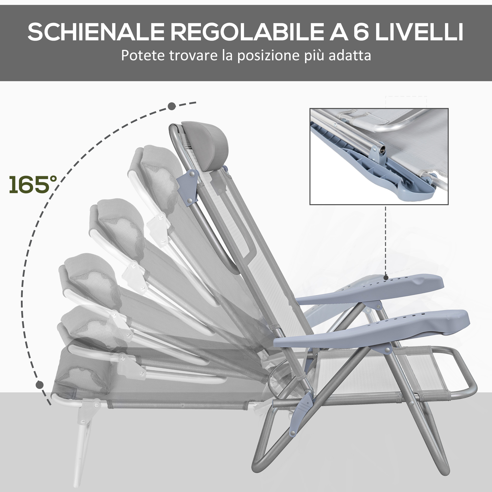 Sdraio grigio con schienale regolabile da 165 gradi a verticale.