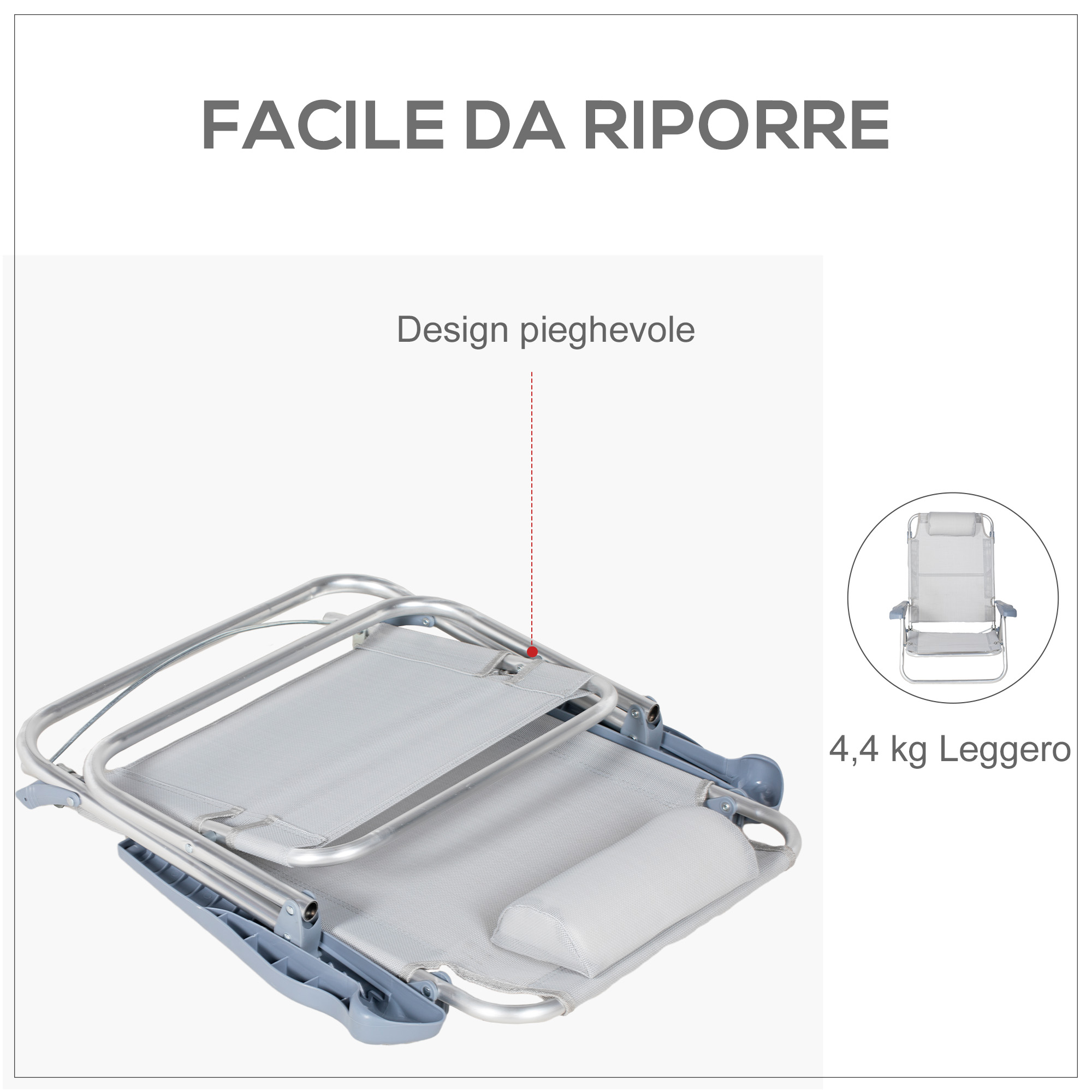 Una sedia a sdraio grigia piegata con telaio blu. Design leggero.