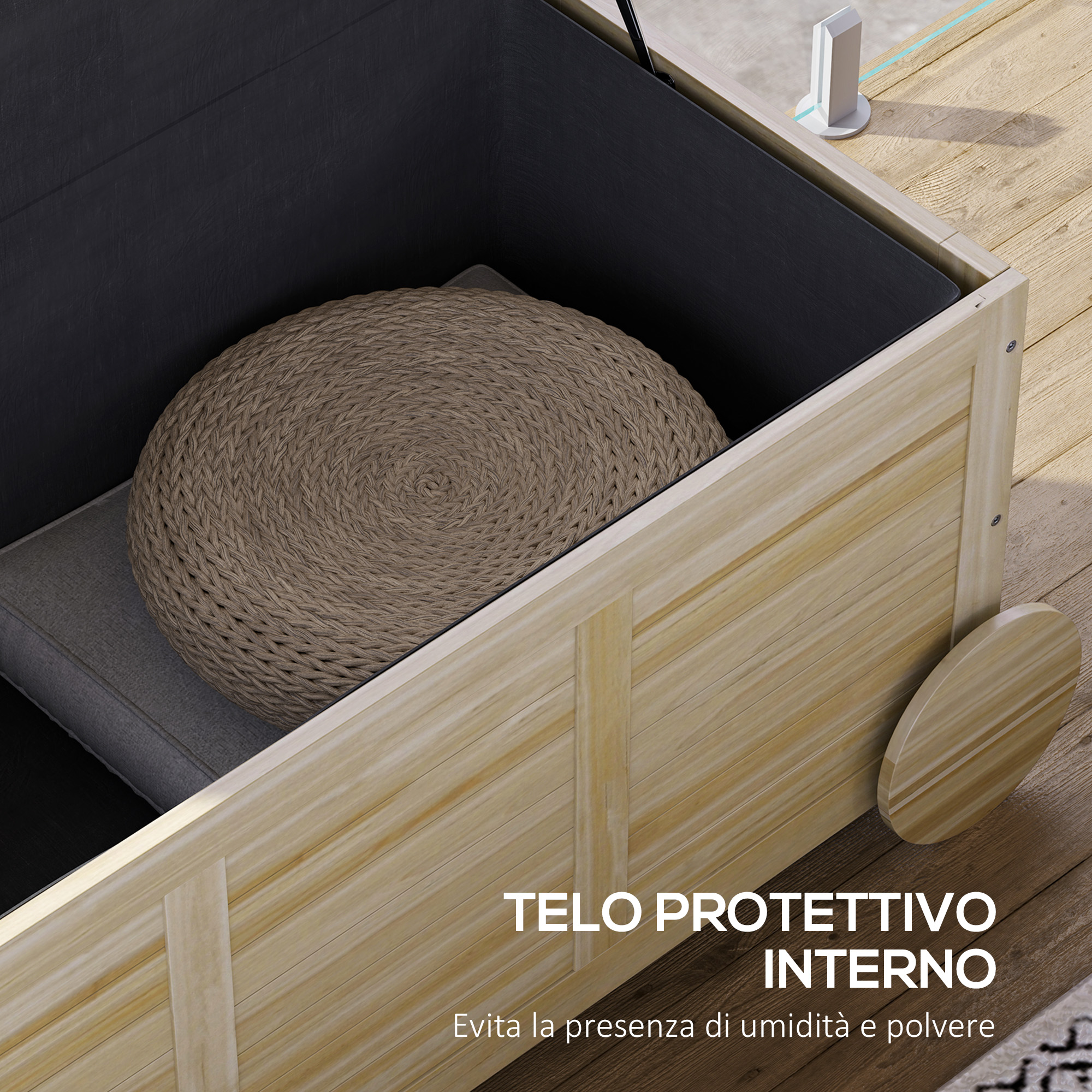Contenitore in legno aperto, con cuscini e tappetino rotondo intrecciato