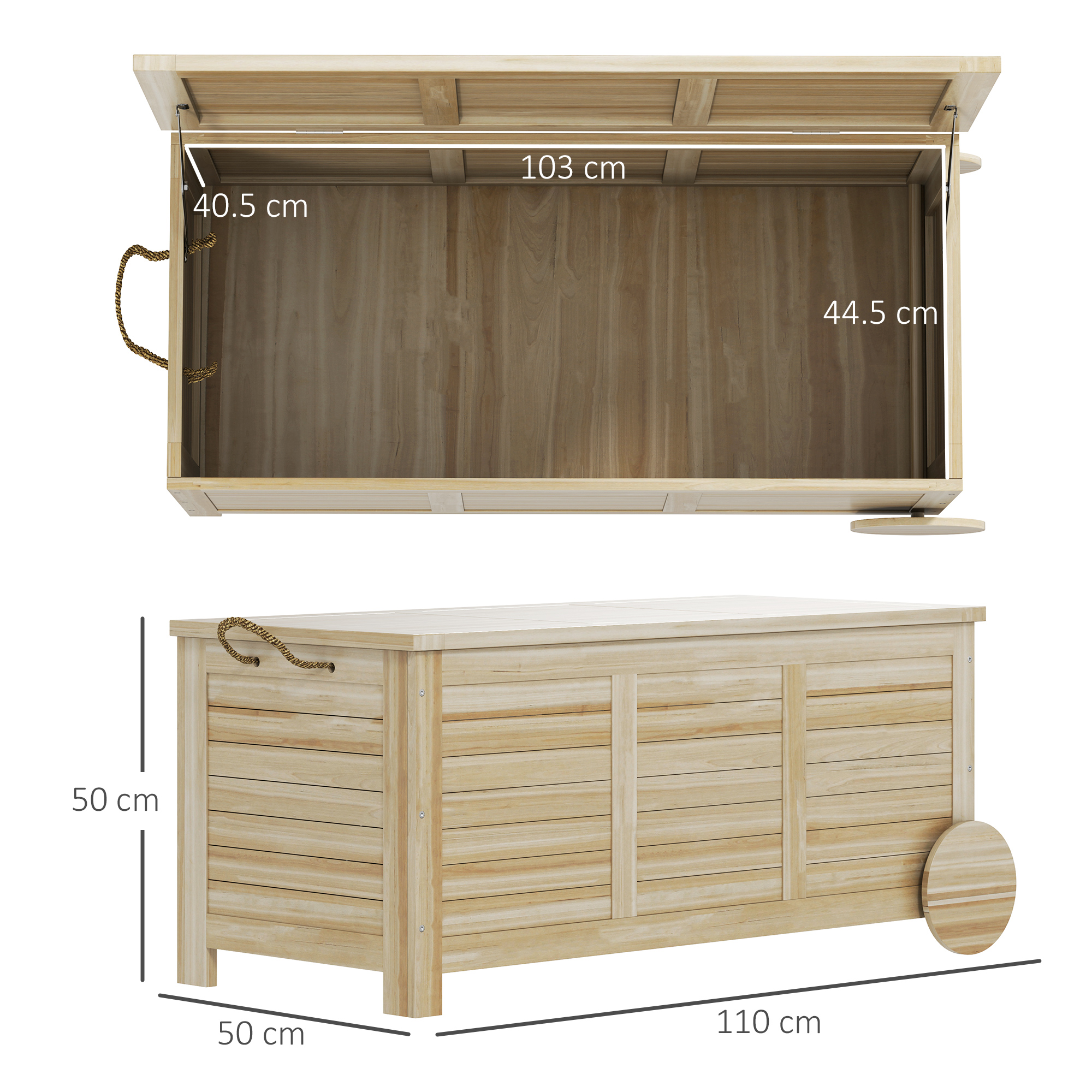 Cassa in legno con coperchio incernierato, manici in corda e ruote. Dimensioni indicate.