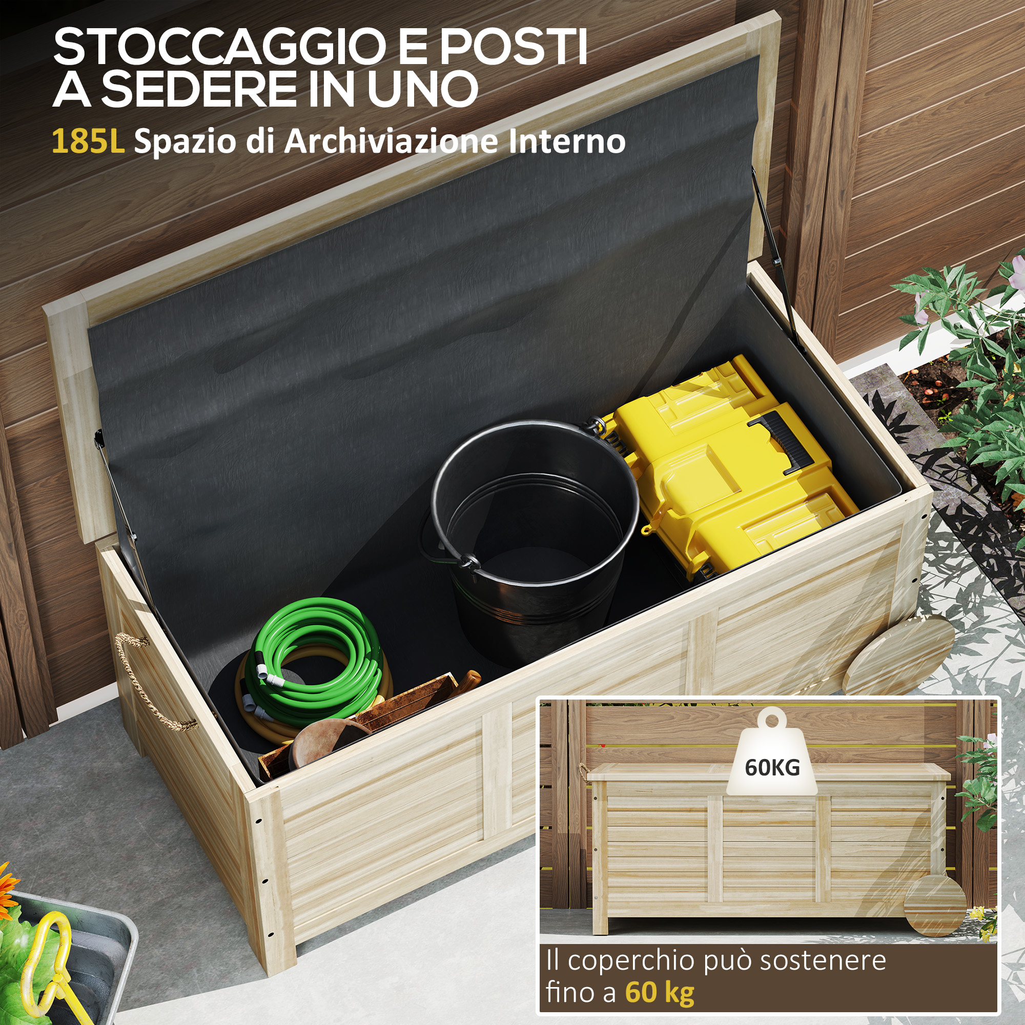Panca contenitore in legno con coperchio aperto, contiene secchio, tubo e scatola gialla.