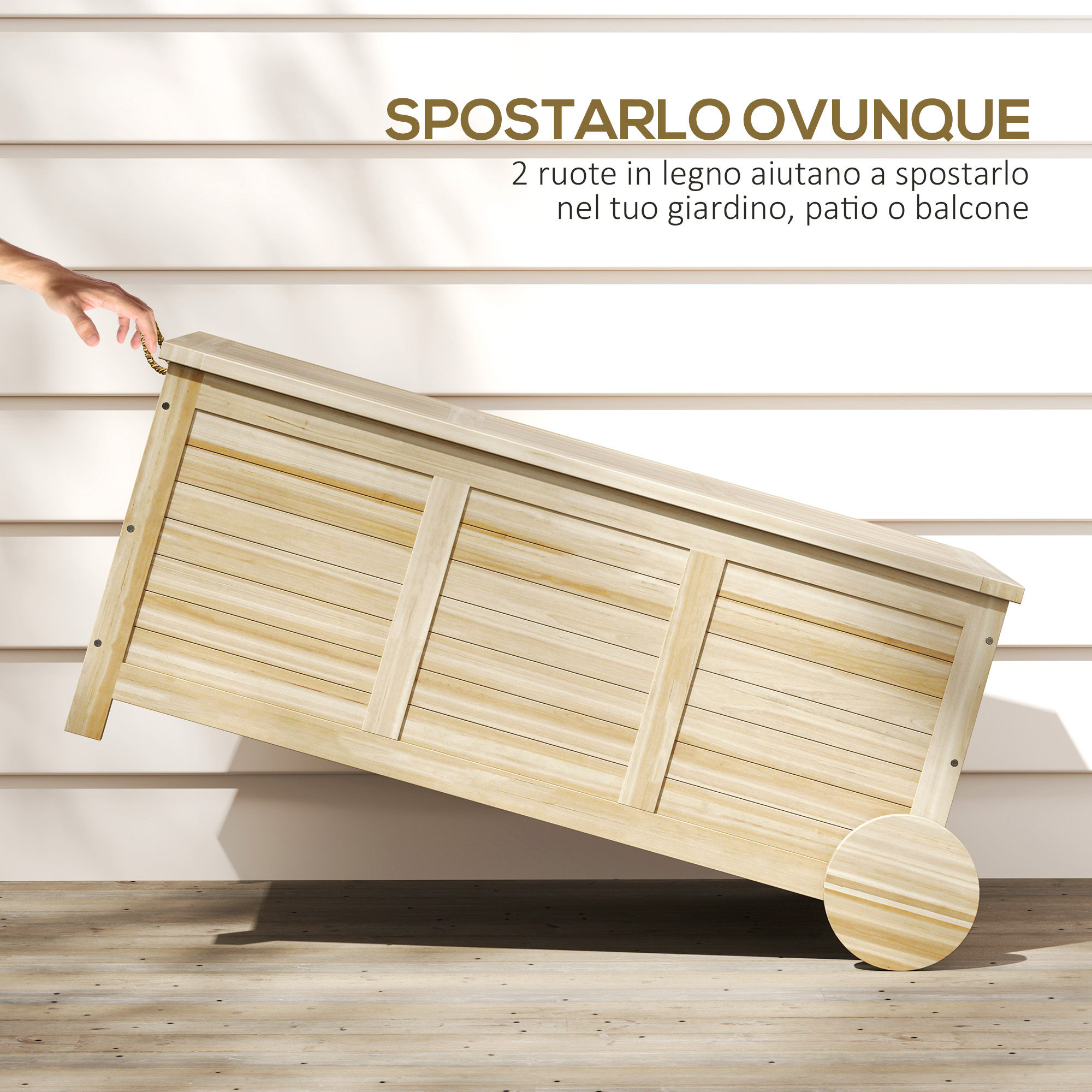 Cassa in legno con ruote spostata a mano su un pavimento in legno.
