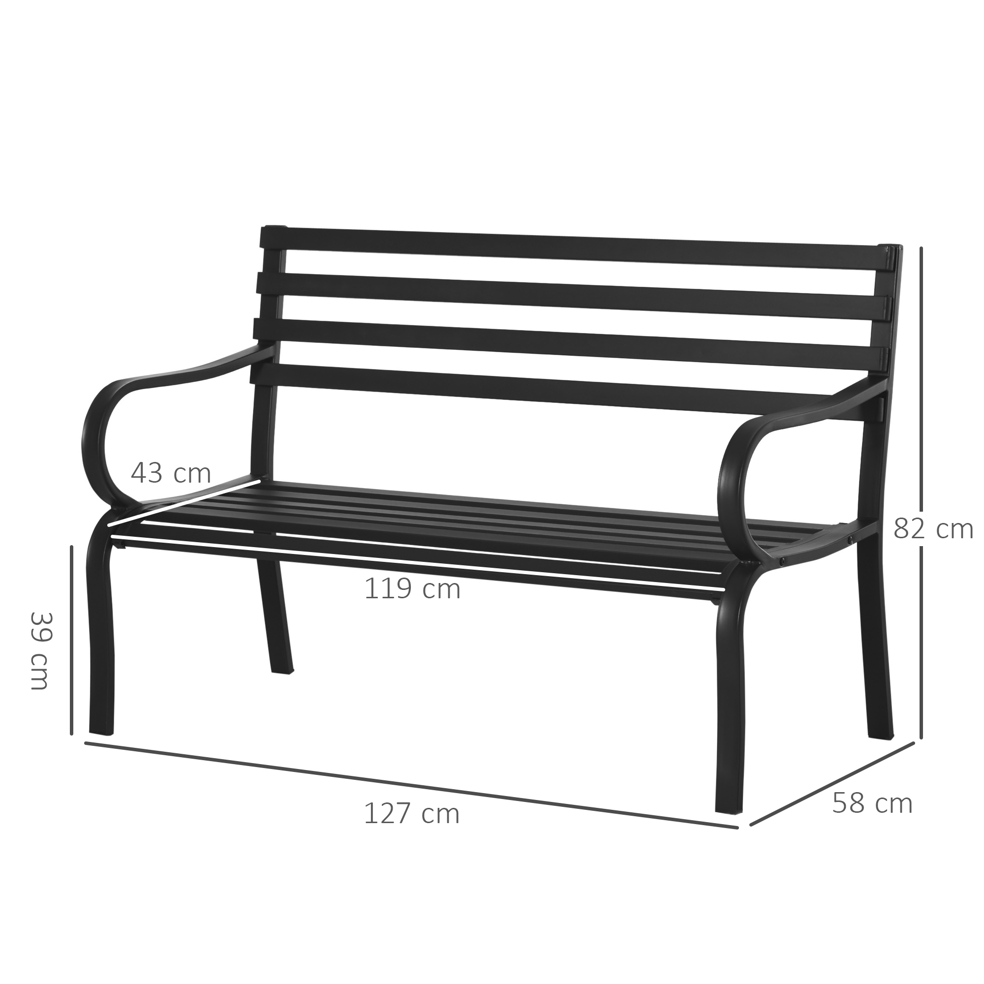 Panca in metallo nero con braccioli, dimensioni: 127x58x82 cm.