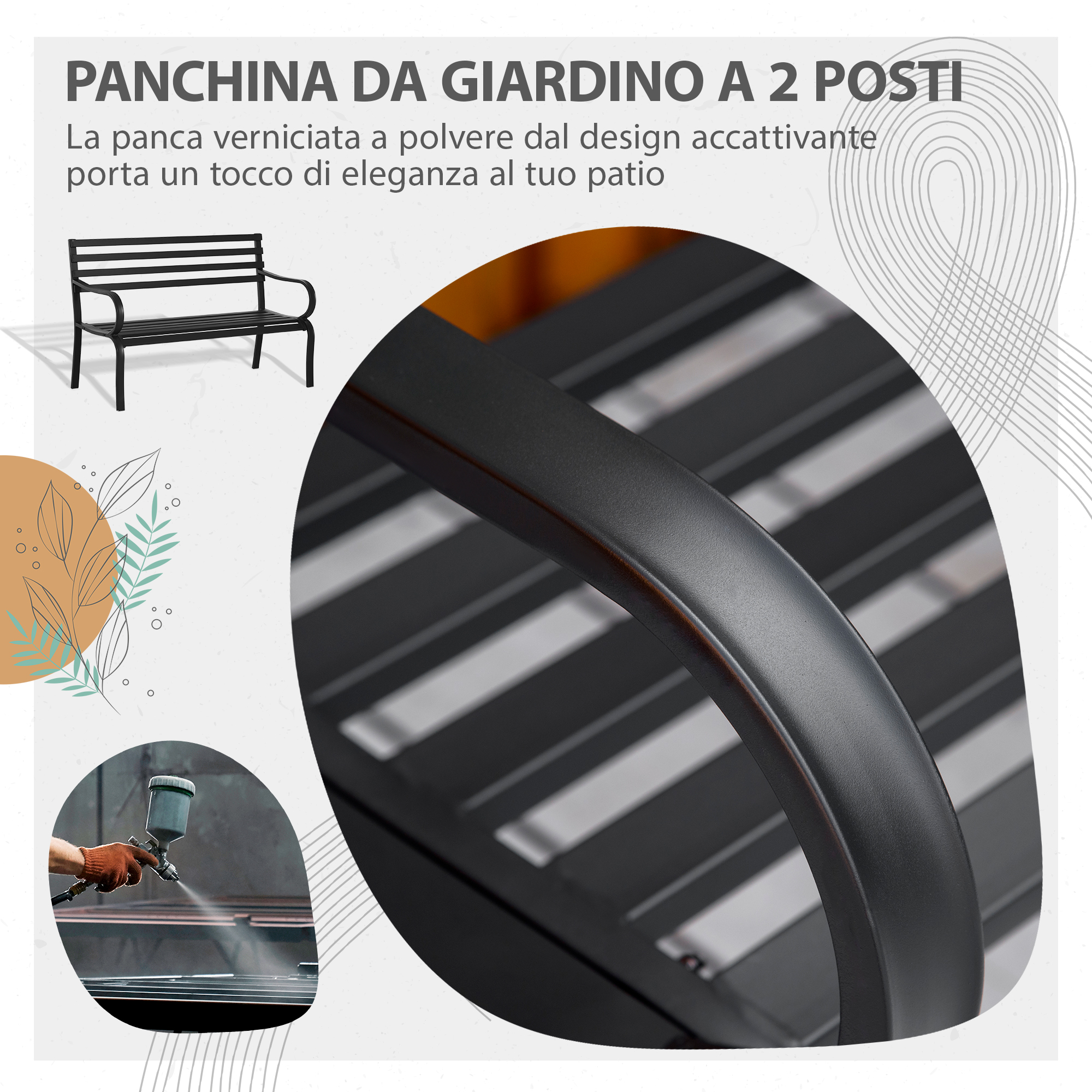 Panca da giardino in metallo nera con braccioli curvi e seduta a doghe.