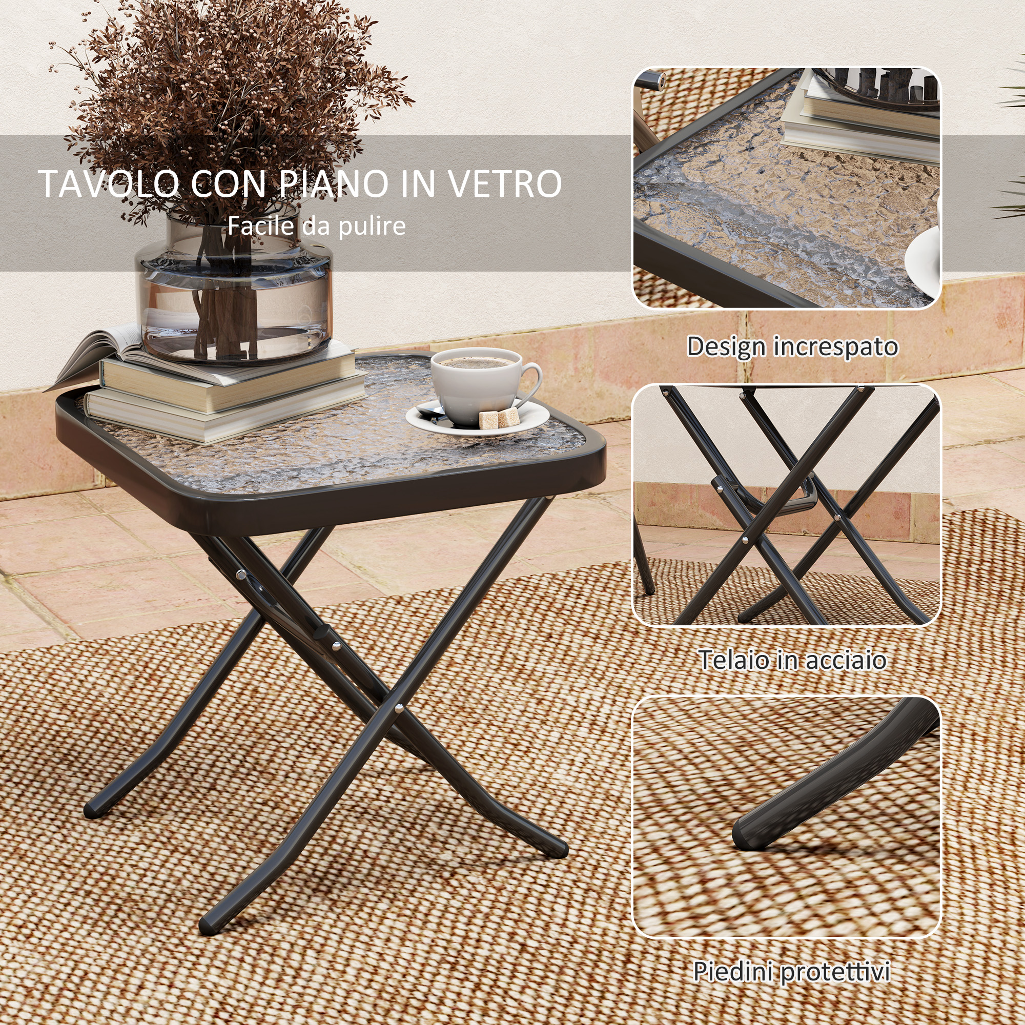 Tavolo pieghevole con piano in vetro, vaso con rami, libro, tazza caffè su tappeto.