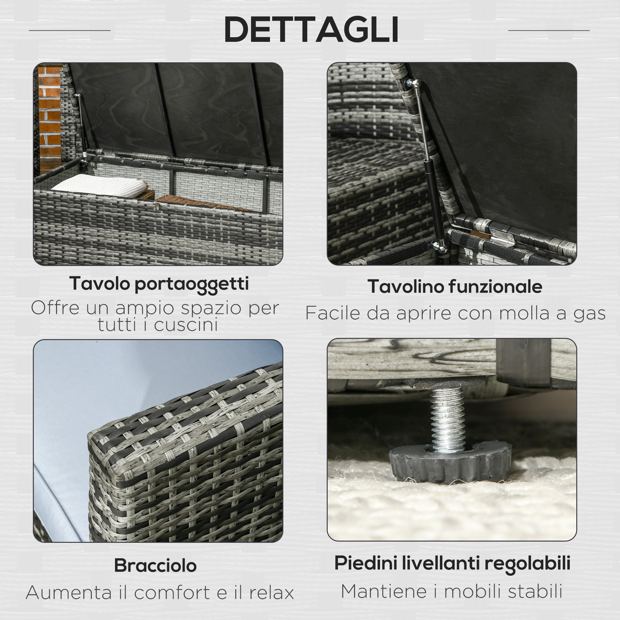 Dettagli: Tavolo portaoggetti, tavolino funzionale, bracciolo, piedini regolabili.