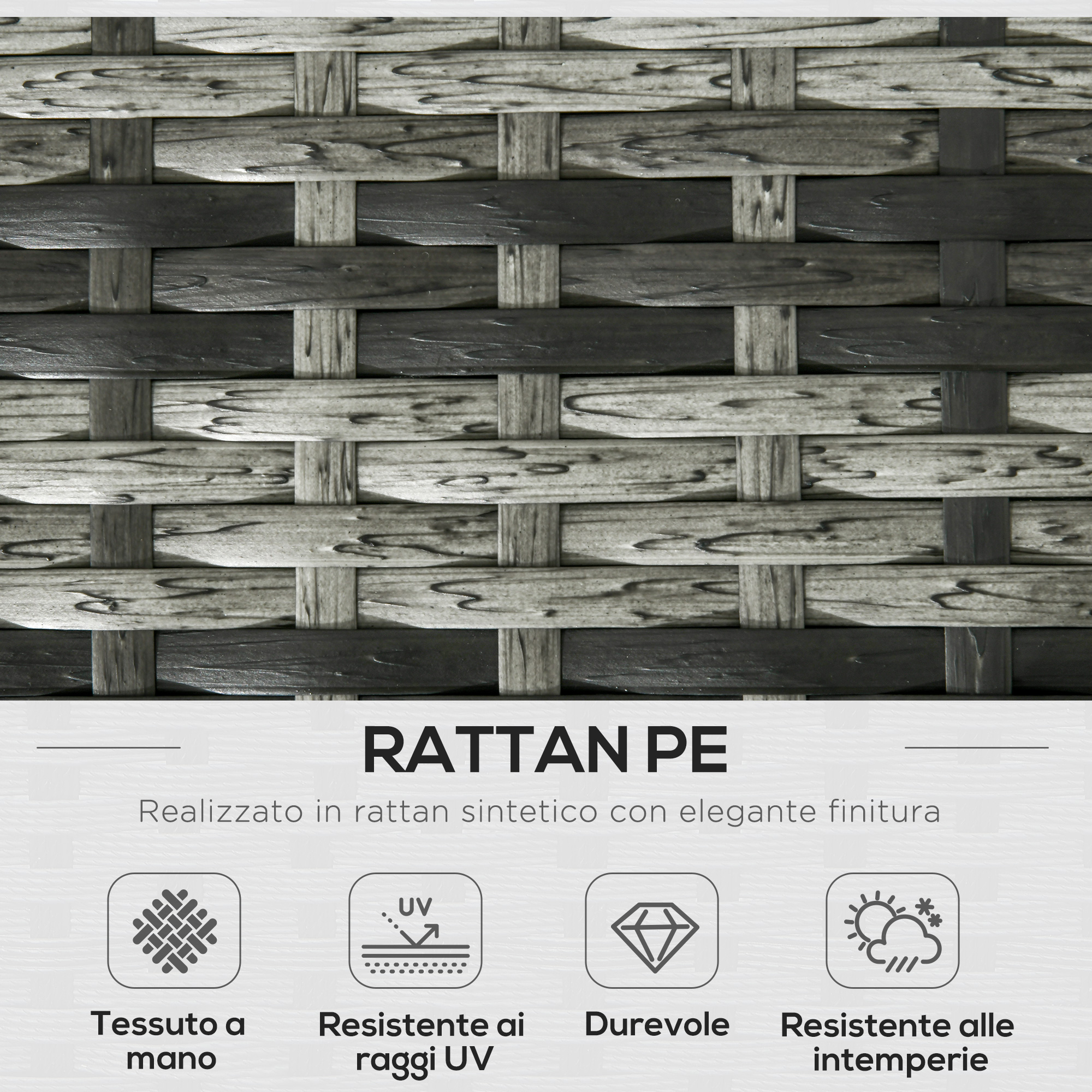 Rattan PE intrecciato con icone per artigianato, resistenza UV, durevolezza e resistenza agenti atmosferici.