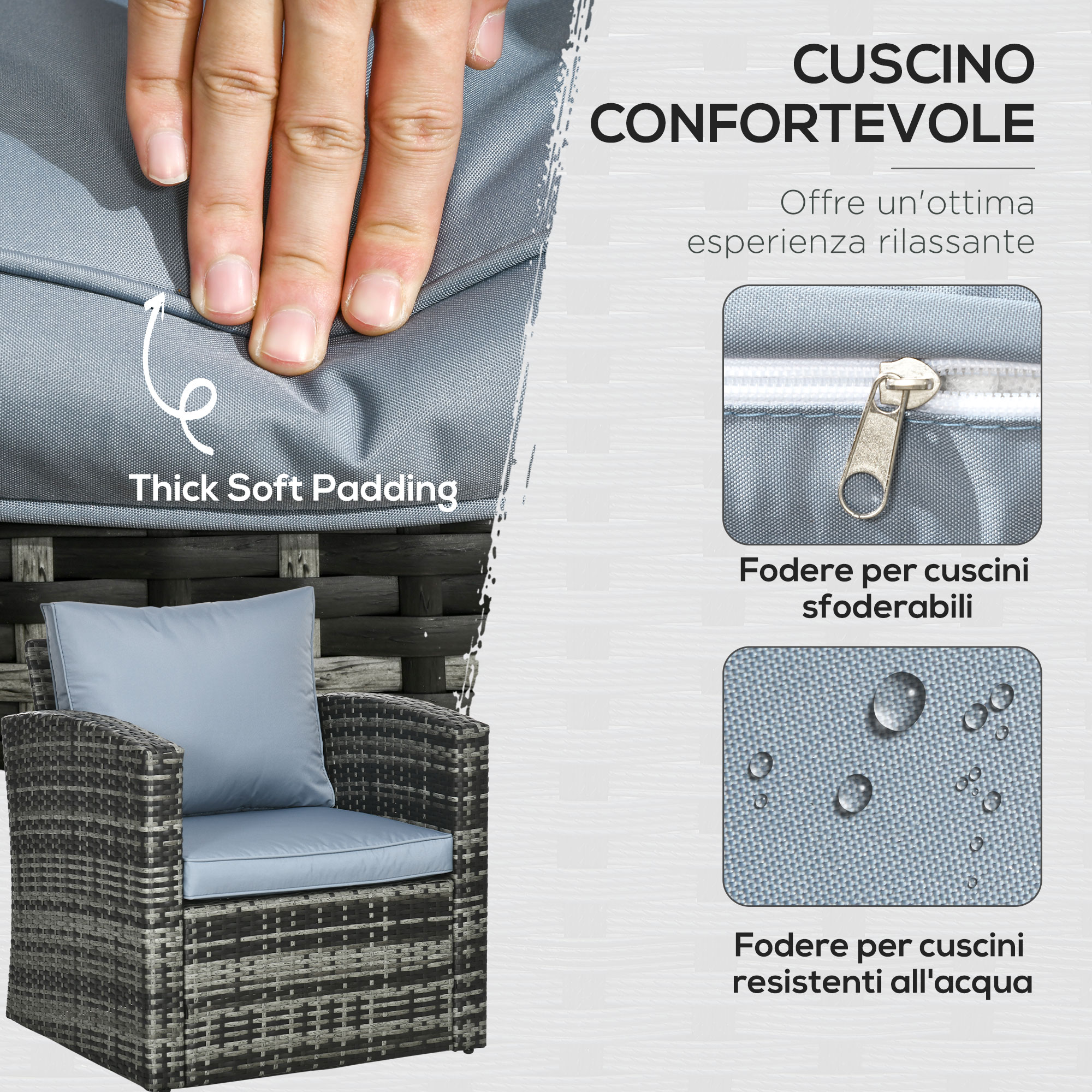 Una poltrona in rattan grigio con cuscino azzurro e testo che descrive l'imbottitura.