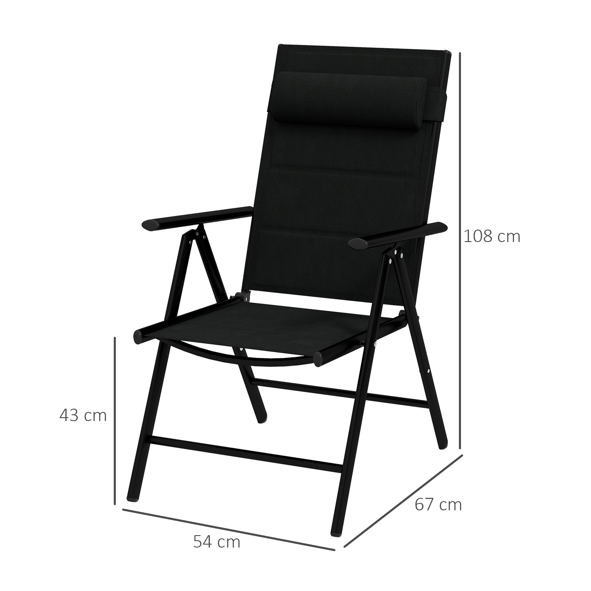 Sedia pieghevole nera con schienale e poggiatesta regolabili. Dimensioni: 108x67x54cm.