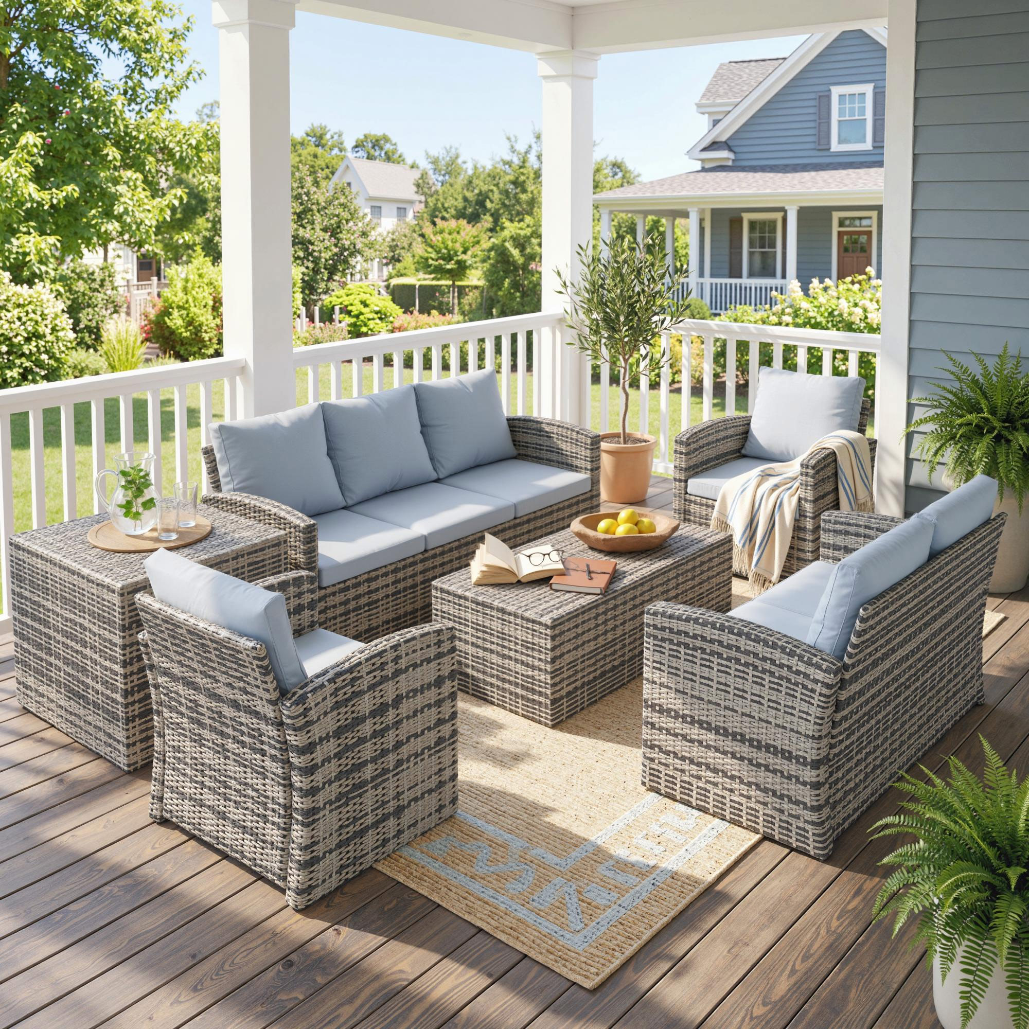 Un terrazzo arredato con divano, sedie e tavolino in rattan. Una casa sullo sfondo.