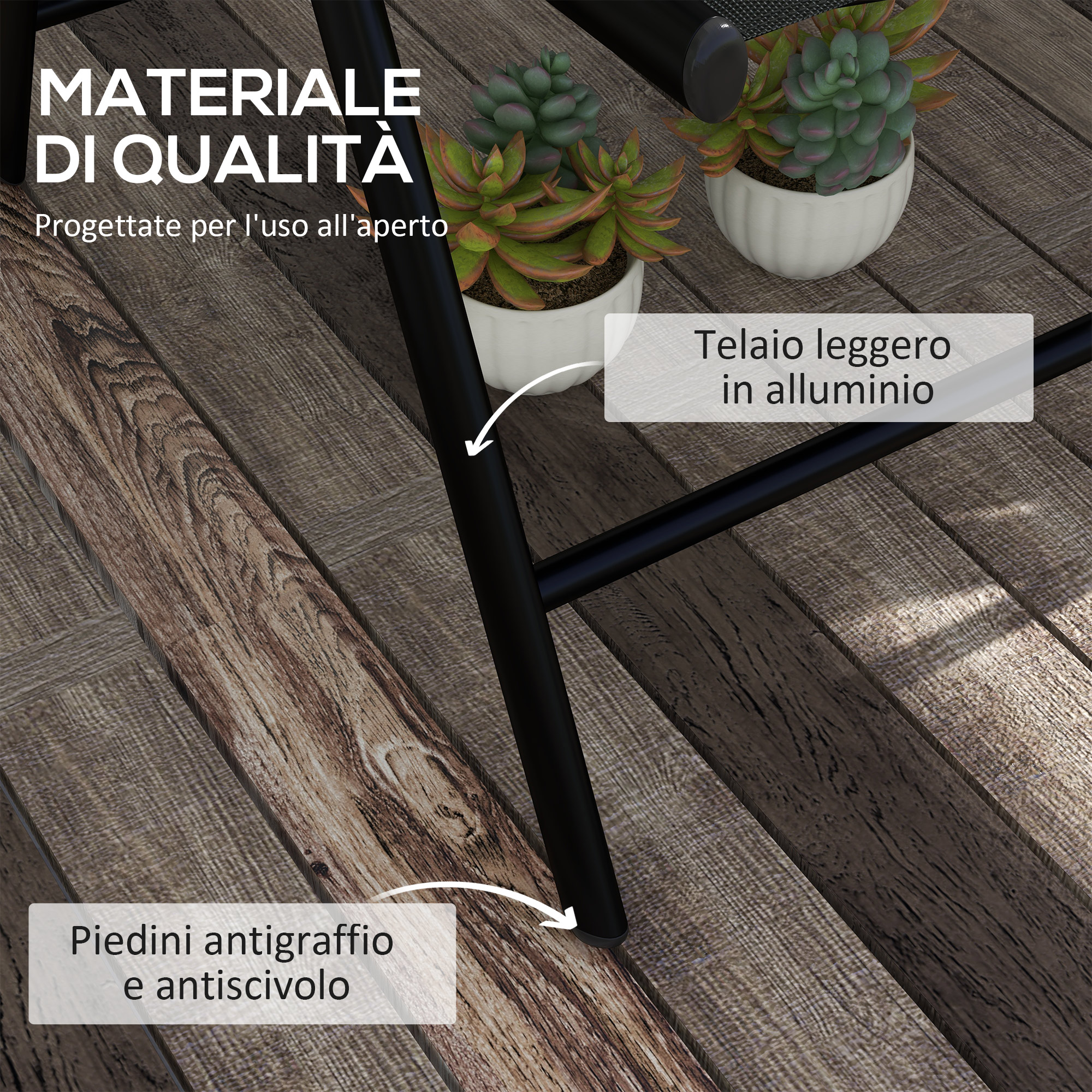 Materiale di qualità, telaio leggero in alluminio, piedini antigraffio.