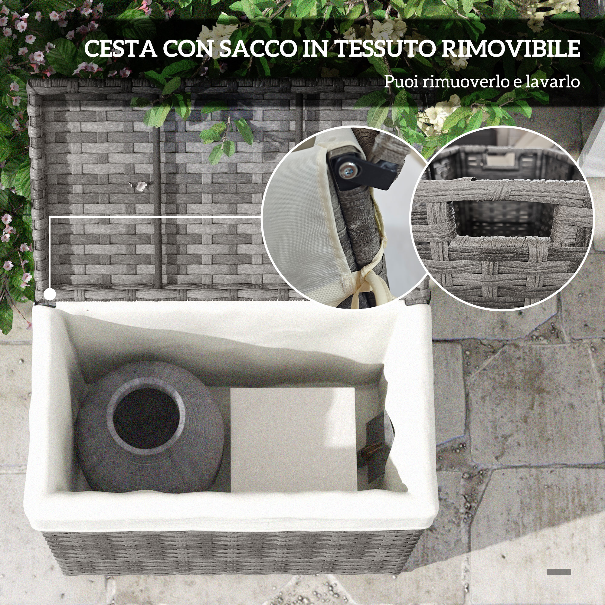 Cesto in vimini grigio con fodera bianca, contiene vaso e scatola.