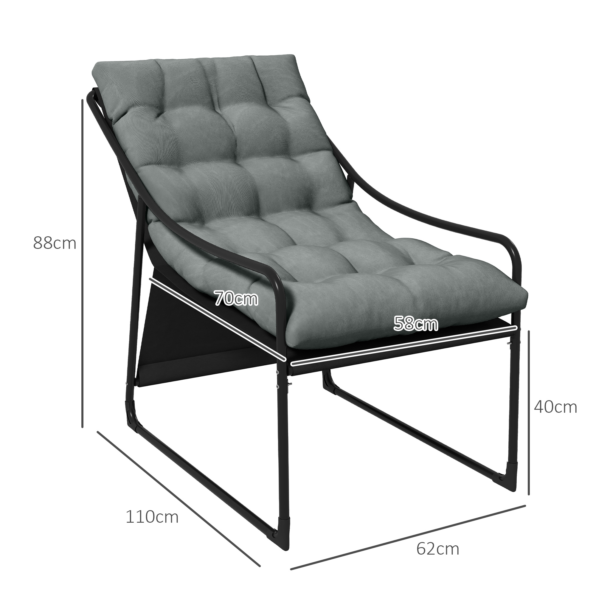 Poltrona da salotto grigia con telaio in metallo nero e dimensioni.