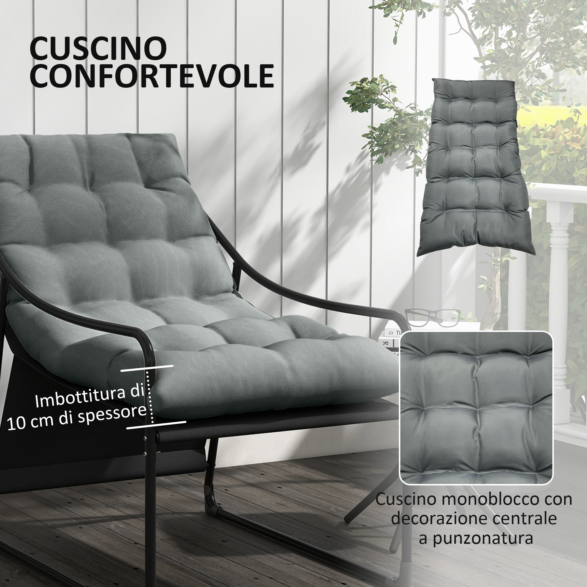 Cuscino grigio imbottito di 10 cm di spessore su sedia.