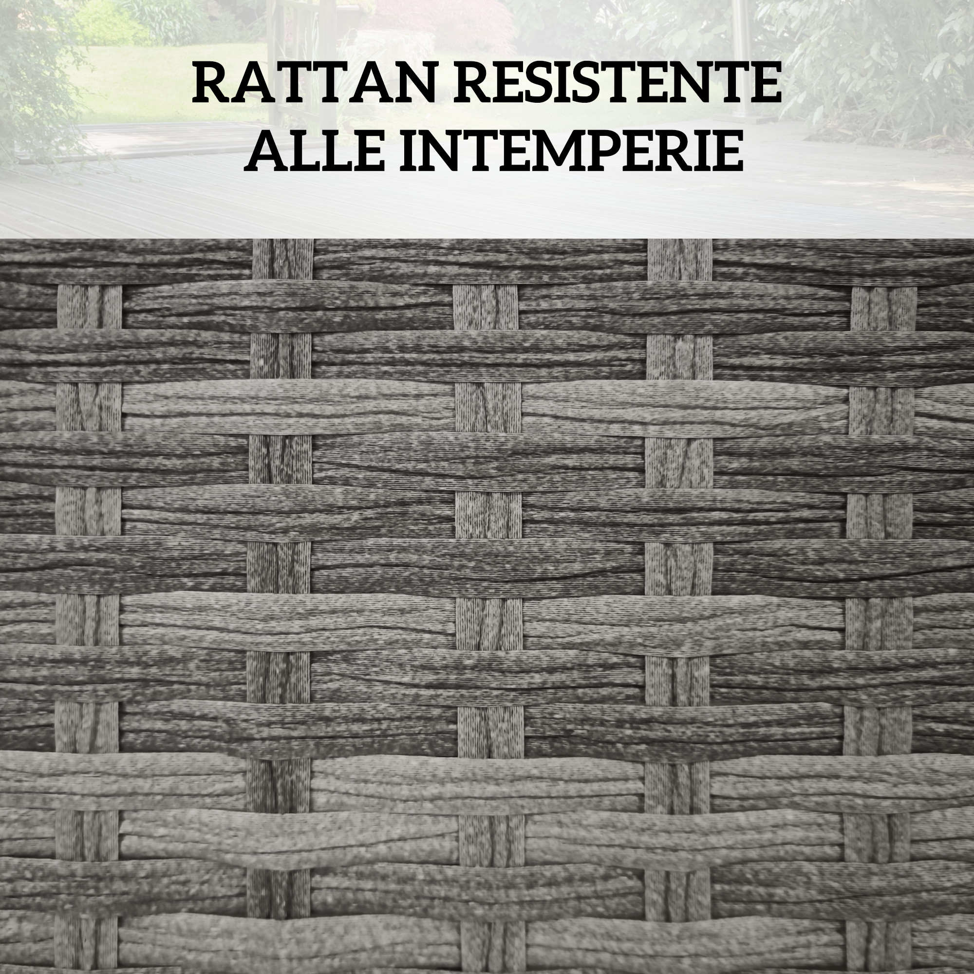 Primo piano di trama di rattan grigio con testo sovrapposto.