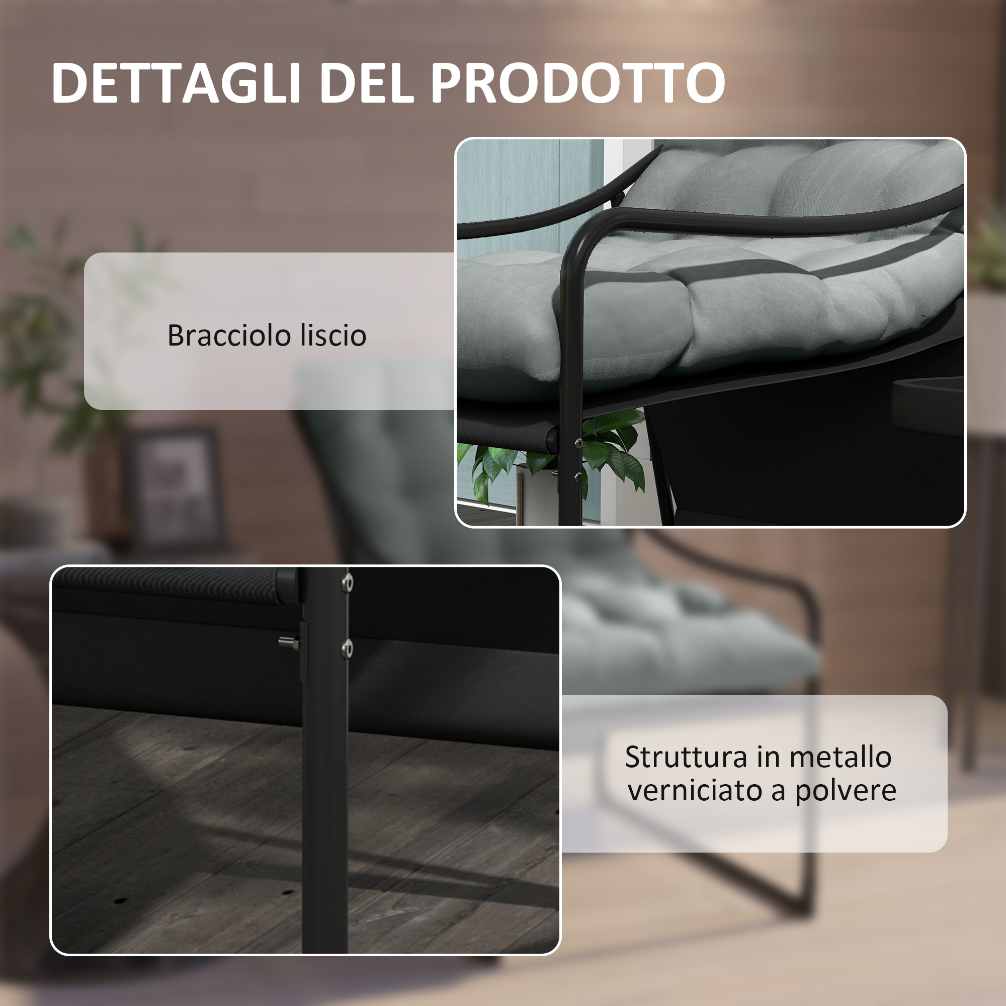 Immagine prodotto mostra una struttura in metallo nera con cuscini grigi.