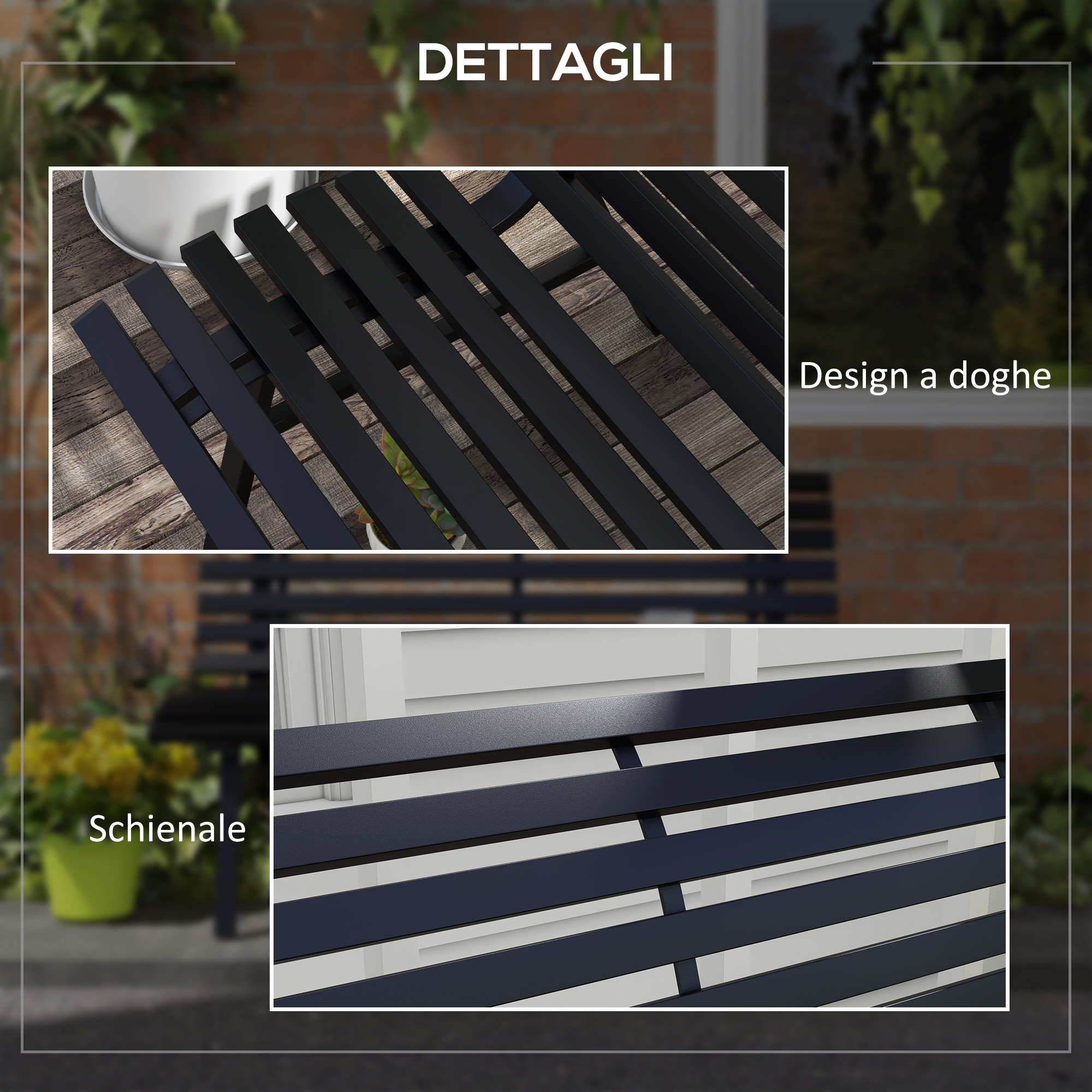 Vista dettagliata di una panchina da giardino scura con design a doghe.