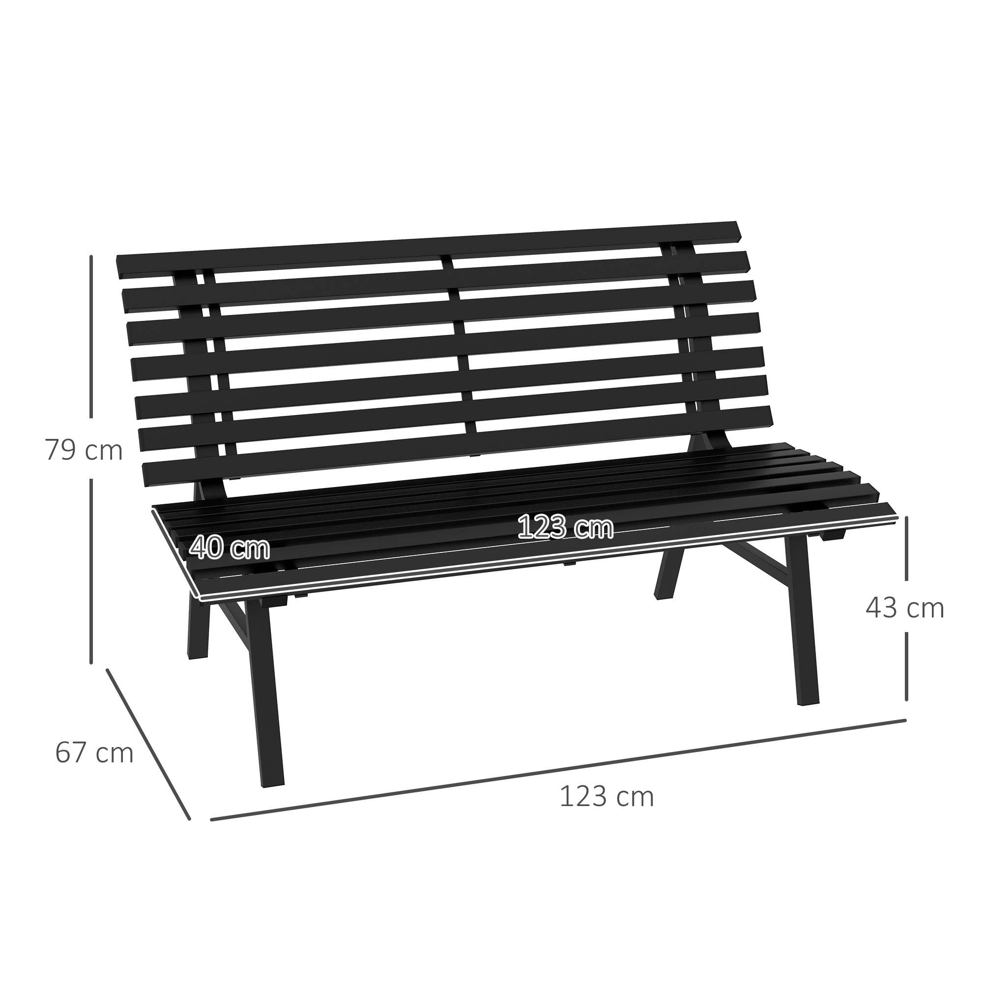 Panca in legno nera con gambe in metallo, dimensioni mostrate.