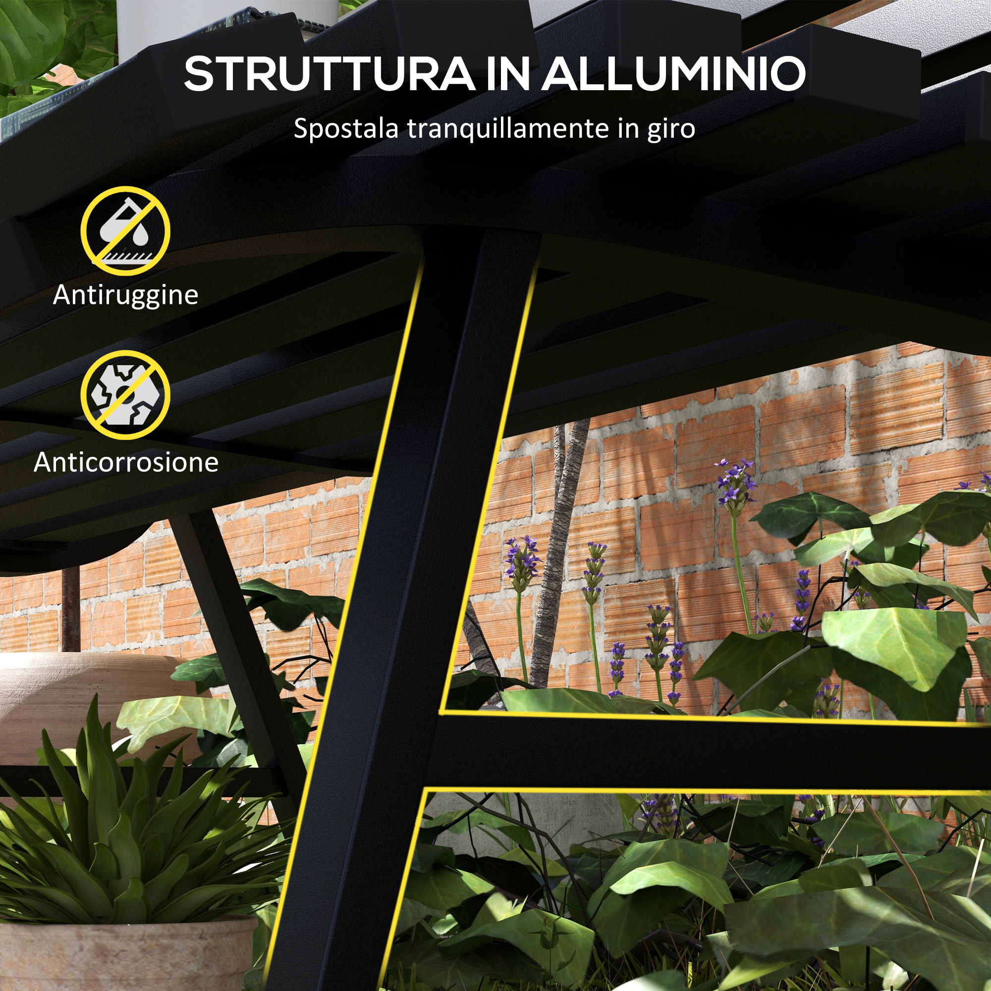 Struttura in alluminio nera con accenti gialli, circondata da piante e muro di mattoni.