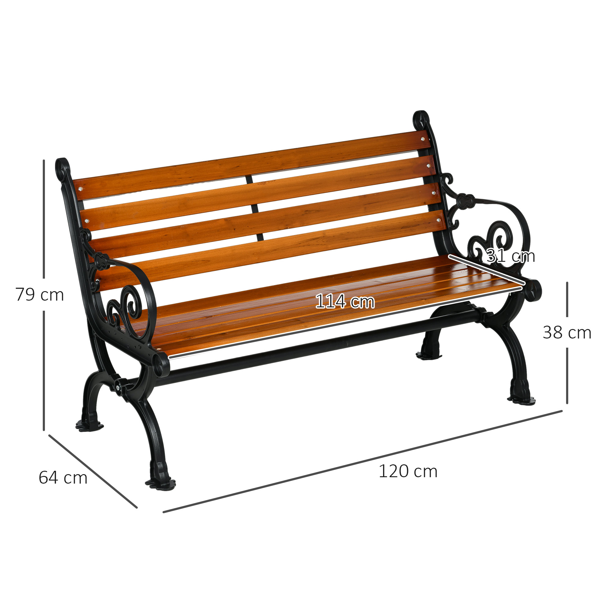 Panchina in legno con telaio in metallo nero. Dimensioni indicate.