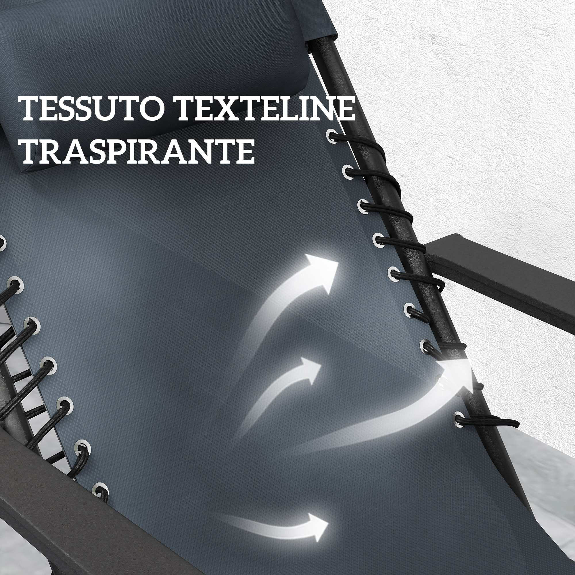 Tessuto textilene grigio con frecce che indicano la circolazione dell'aria.