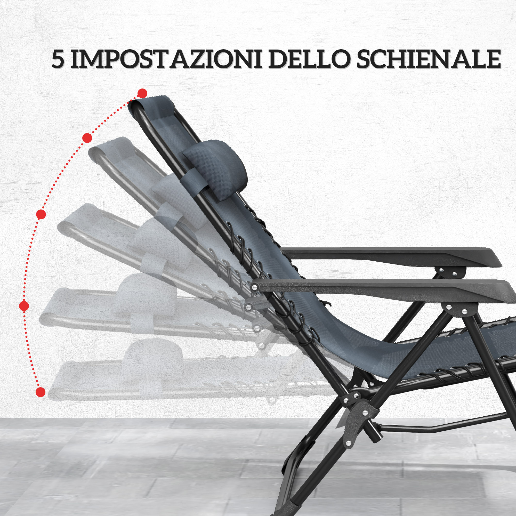 Sedia da salotto grigia con schienale regolabile, mostrata in 5 posizioni.