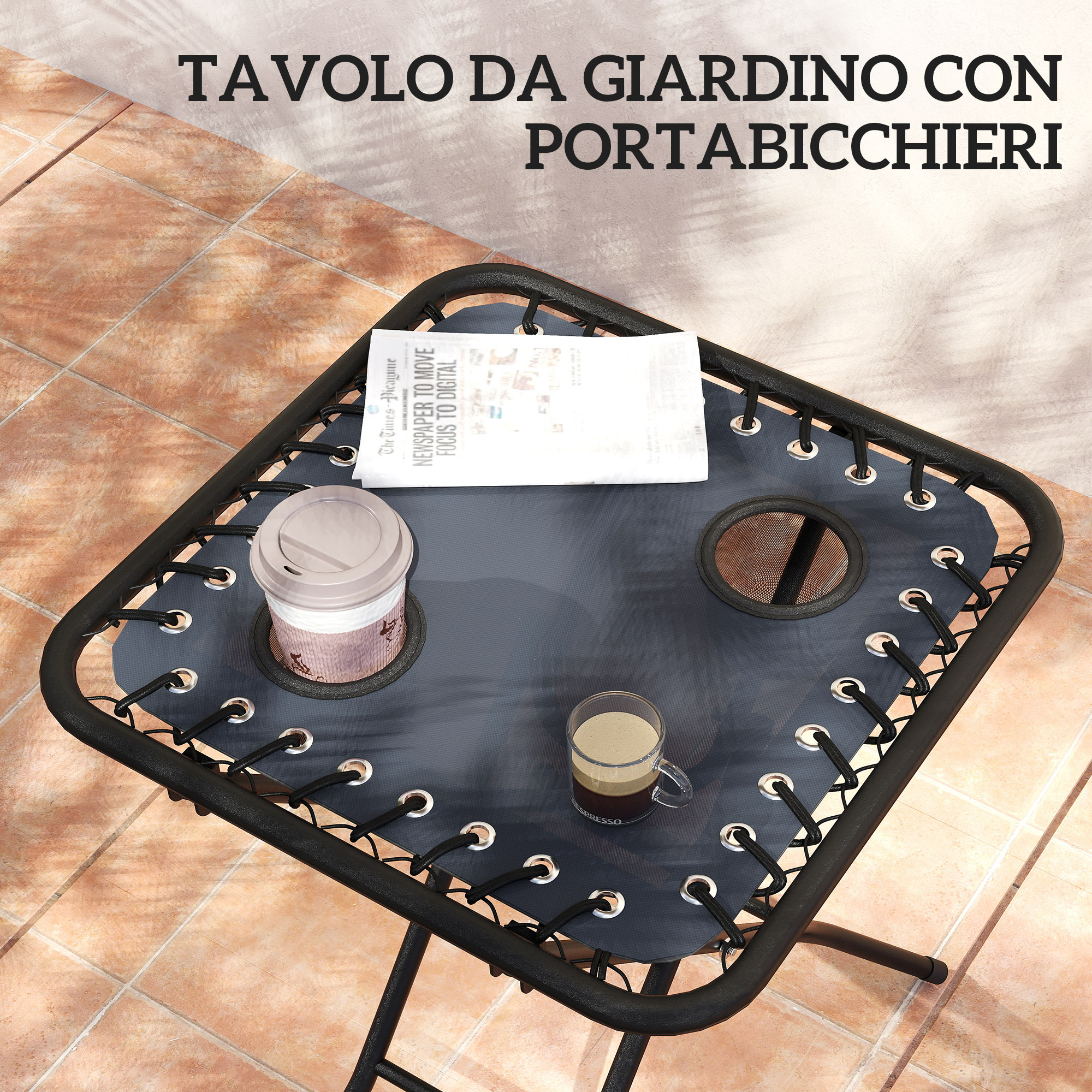 Tavolo da giardino con giornale, tazza di caffè e portabicchieri su piastrelle.