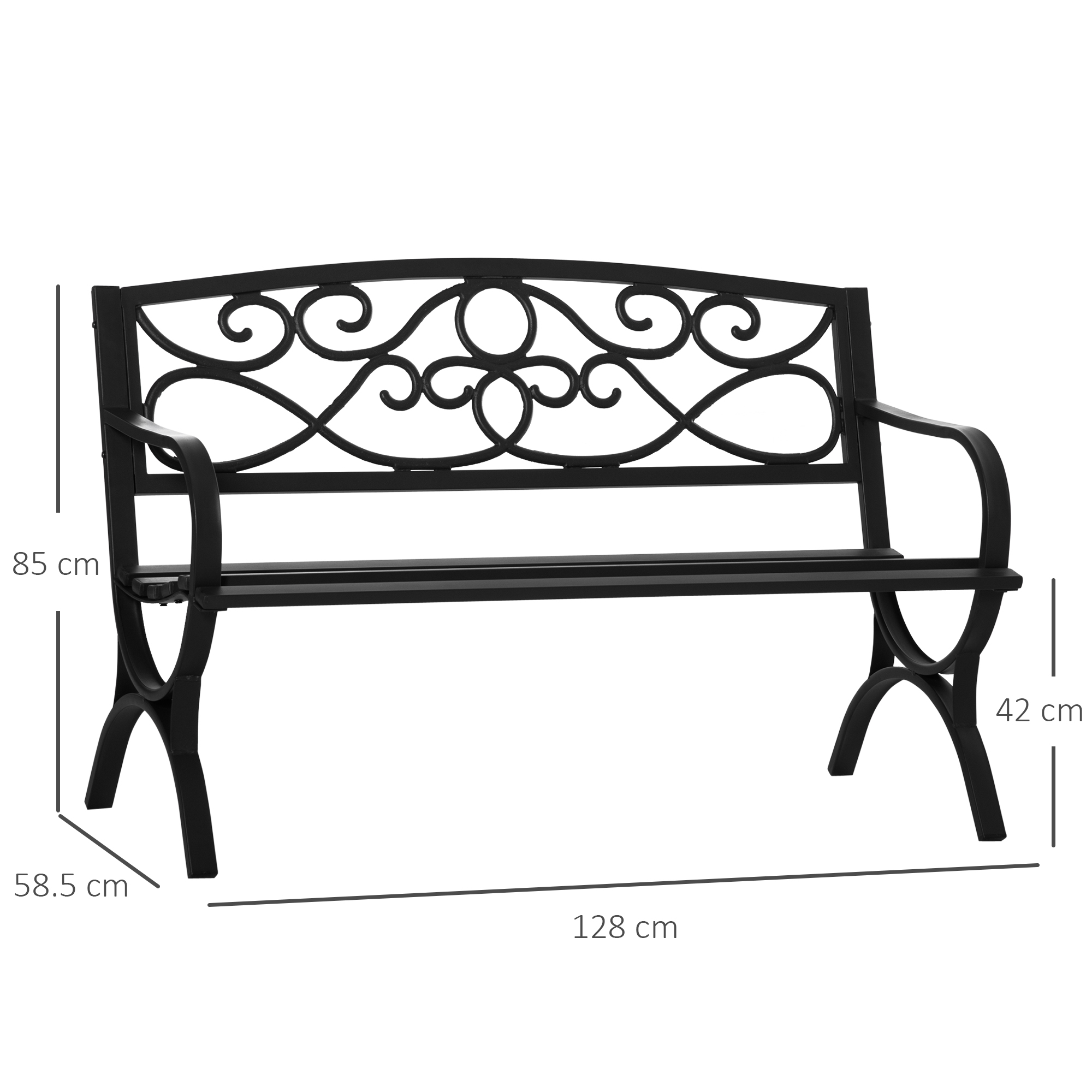 Panca da giardino in ferro battuto nero con riccioli decorativi e dimensioni.