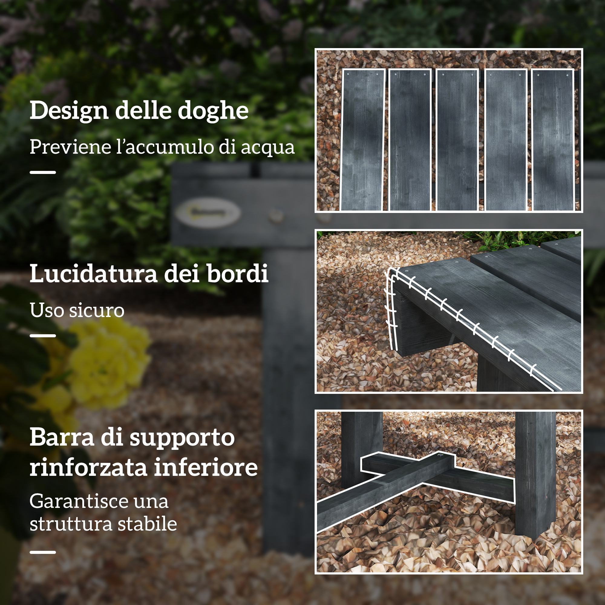 Doghe in legno grigio scuro per mobili da giardino, evidenziando design e stabilità.