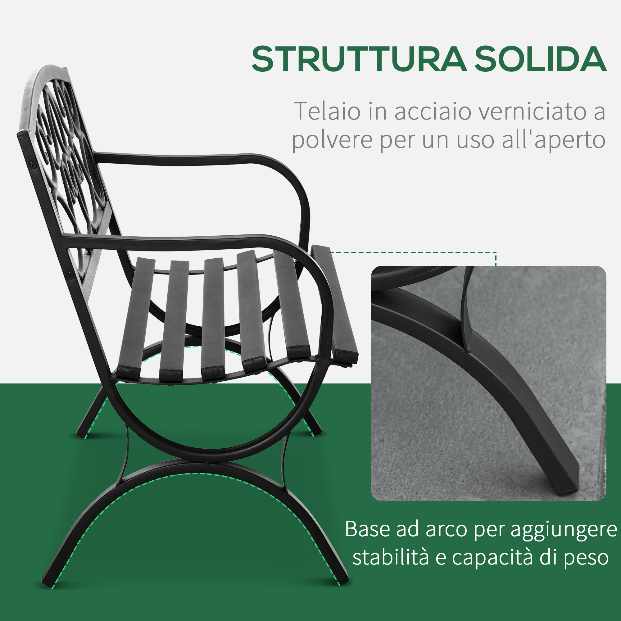 Sedia in metallo nero con schienale decorativo e base ad arco per stabilità.