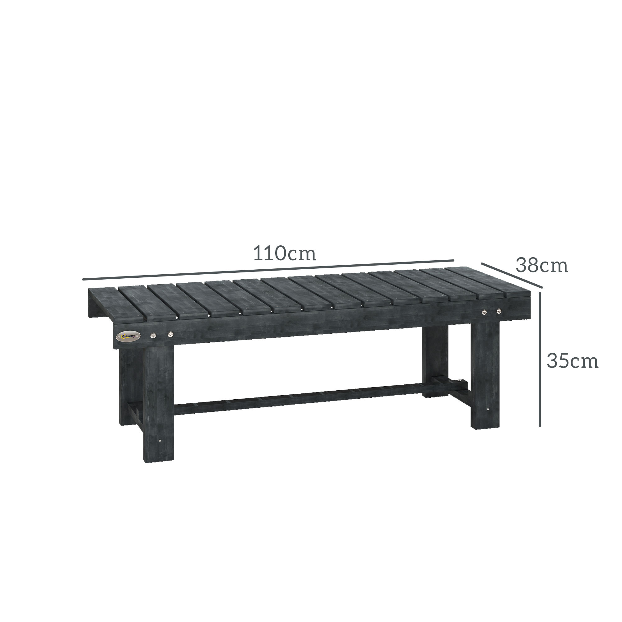 Panchina in legno grigio scuro, lunga 110 cm, larga 38 cm, alta 35 cm.