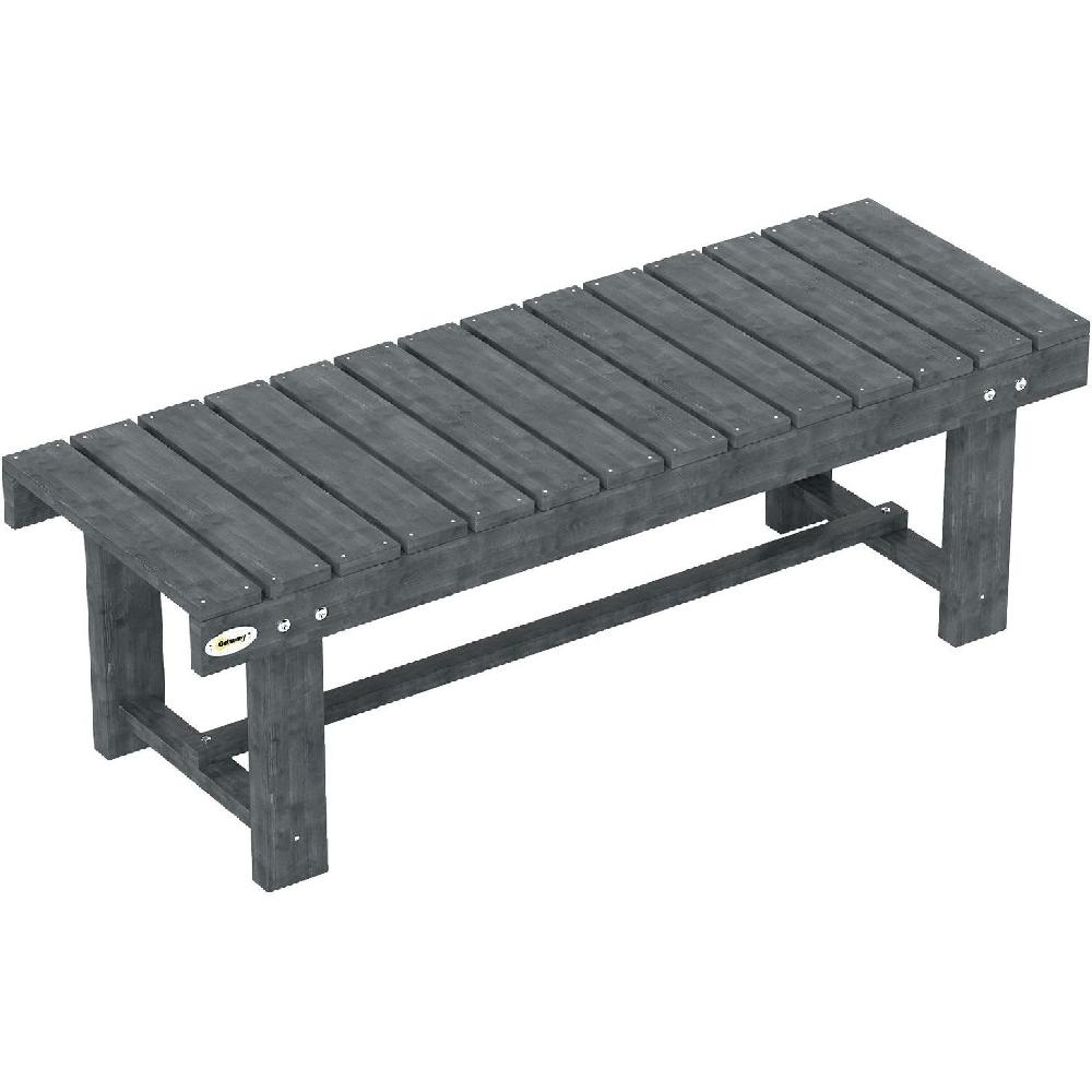 Una panca in legno grigio scuro a doghe con accenti e gambe in metallo nero.