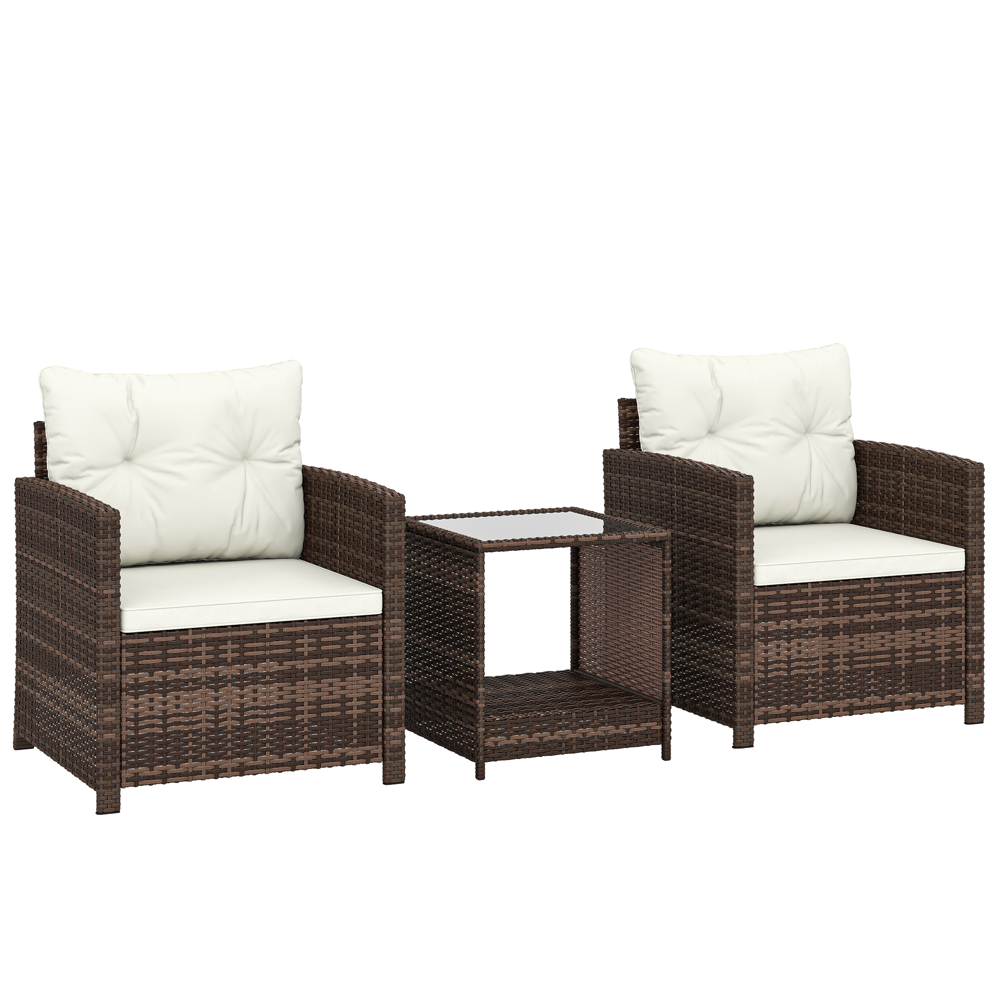 Due poltrone in rattan marrone scuro con cuscini bianchi e un tavolino.