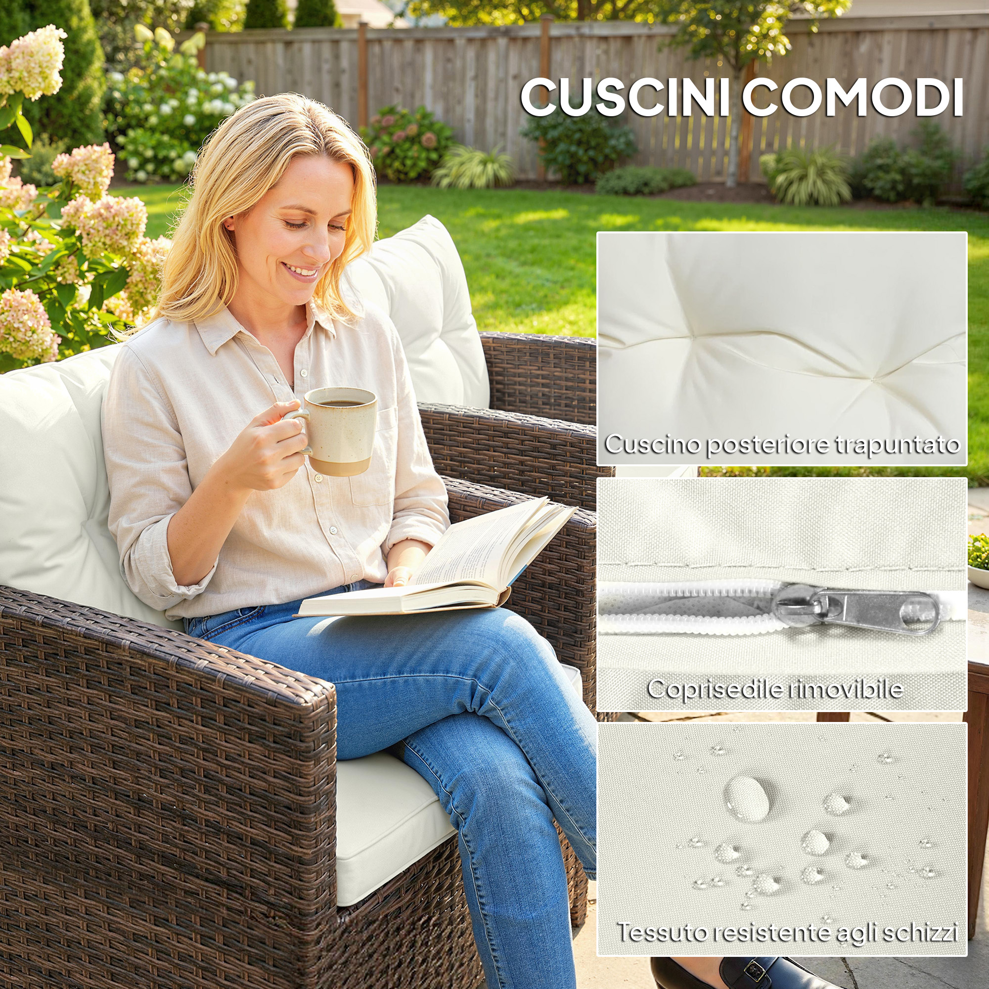 Donna si rilassa su un divano in rattan in un giardino con libro e tazza.