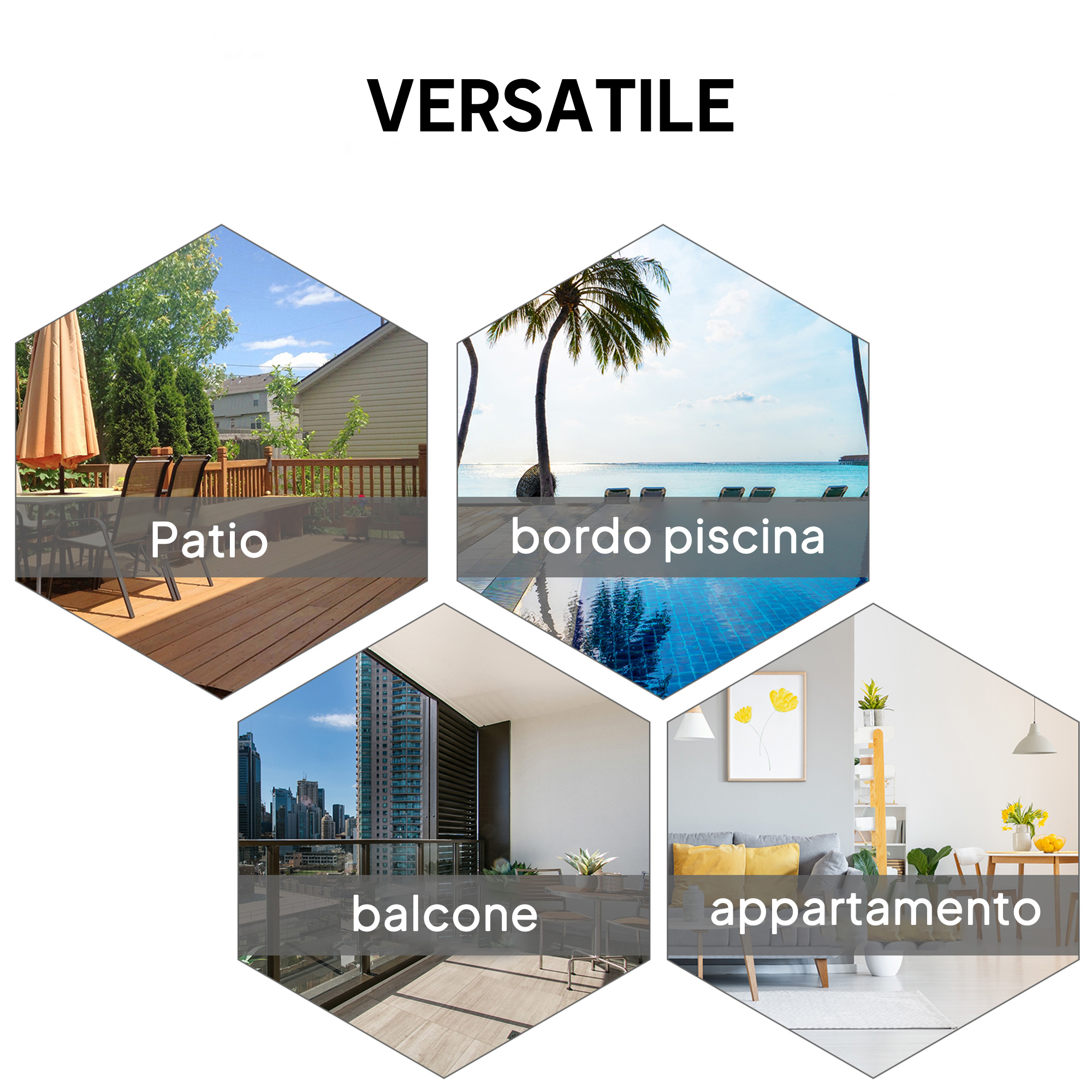 Quattro immagini mostrano: Patio, piscina, balcone, soggiorno.