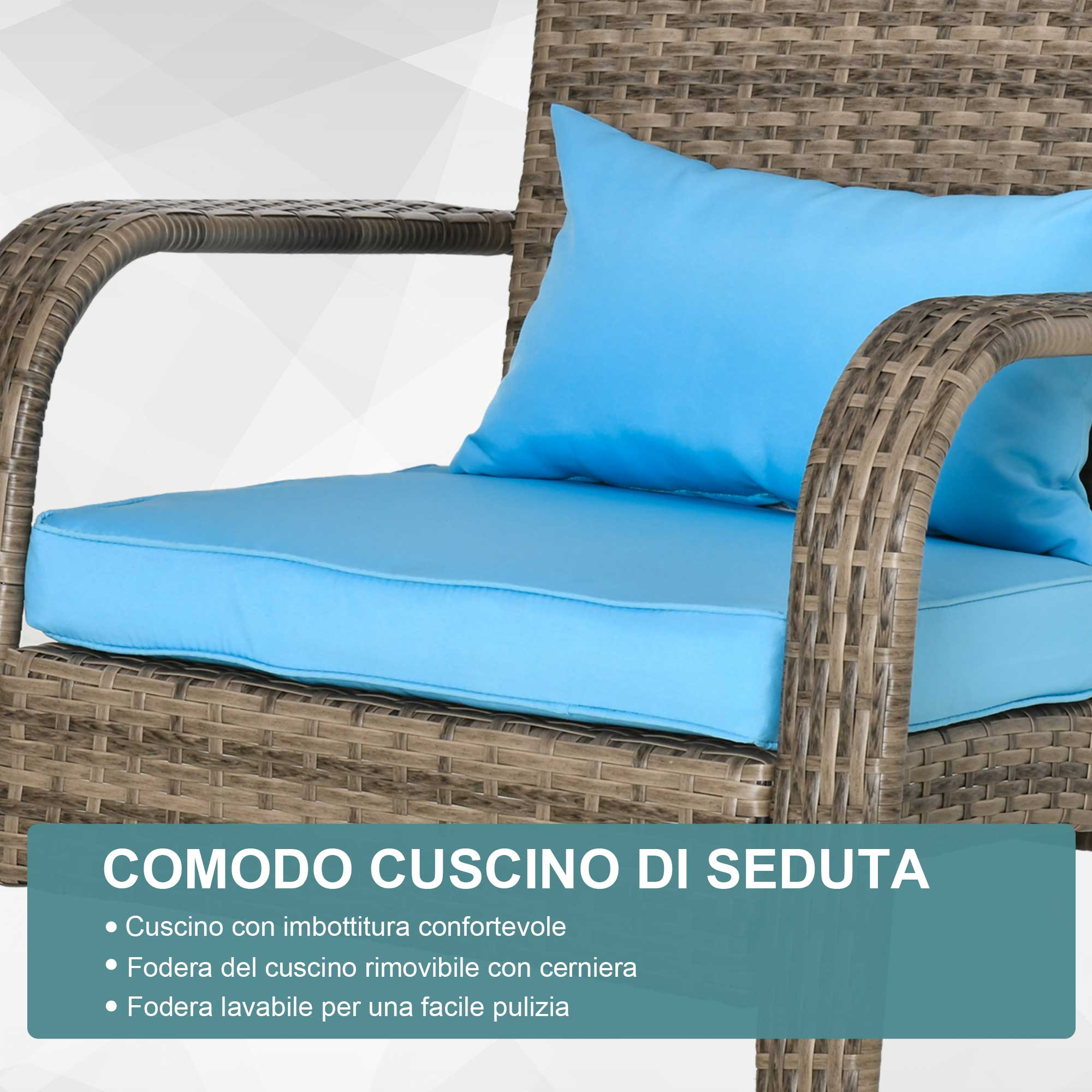 Poltrona in rattan marrone con cuscini di seduta e schienale azzurri.