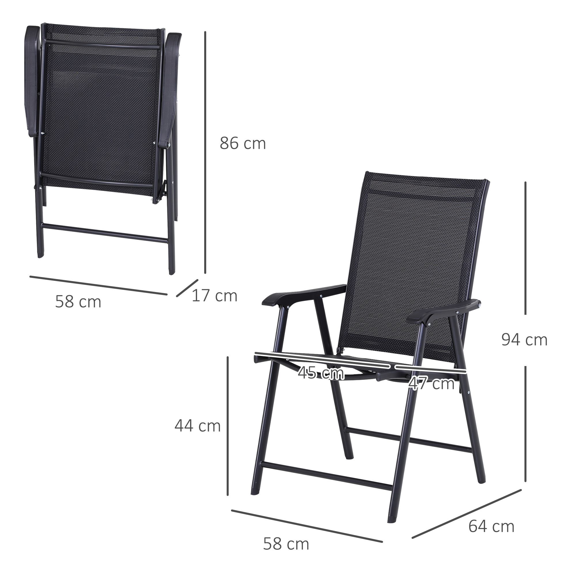 Sedia pieghevole nera, dimensioni 94x58x47 cm. Piegata 86x58x17 cm.