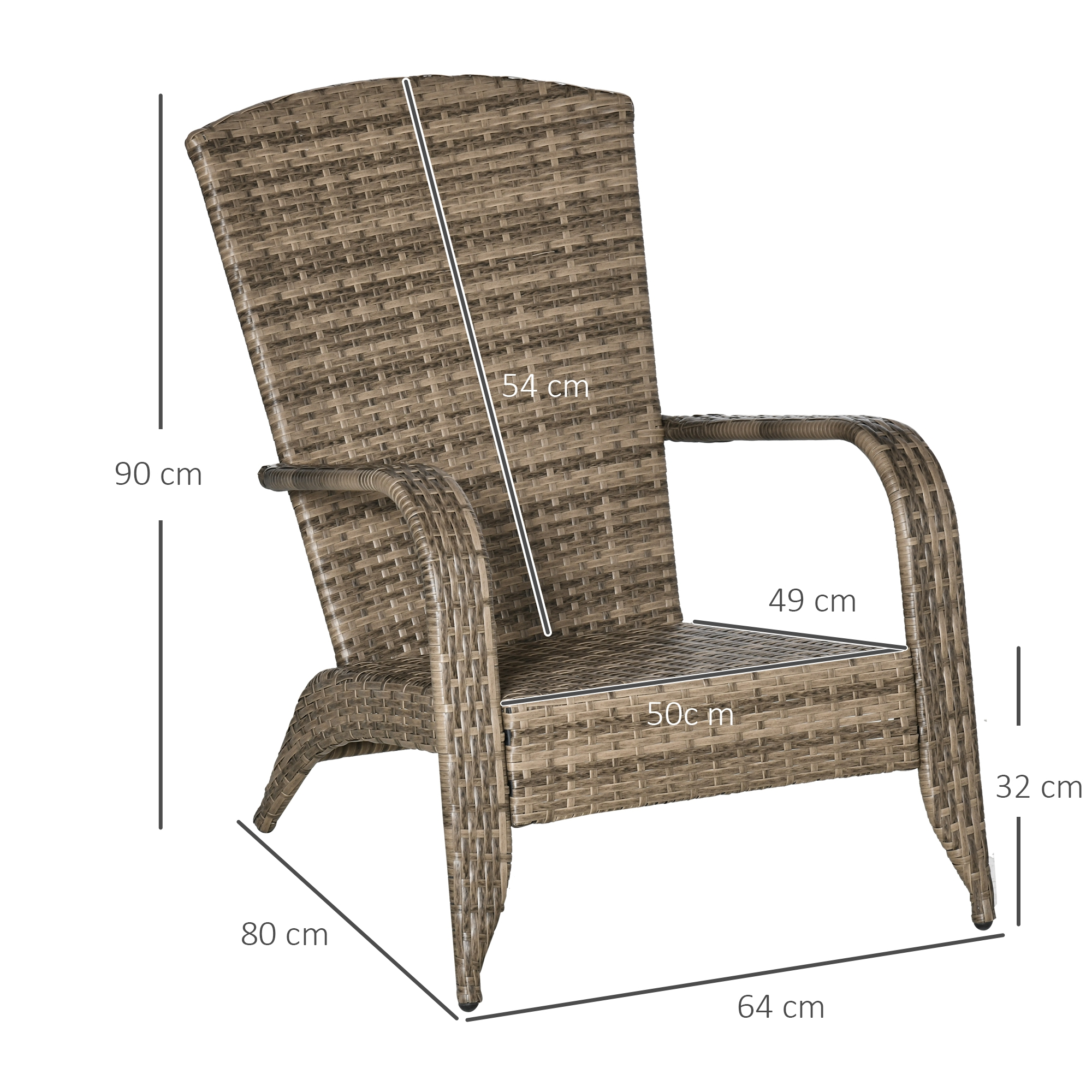 Poltrona in rattan marrone con dimensioni: 90 cm altezza, 64 cm larghezza, 80 cm profondità.