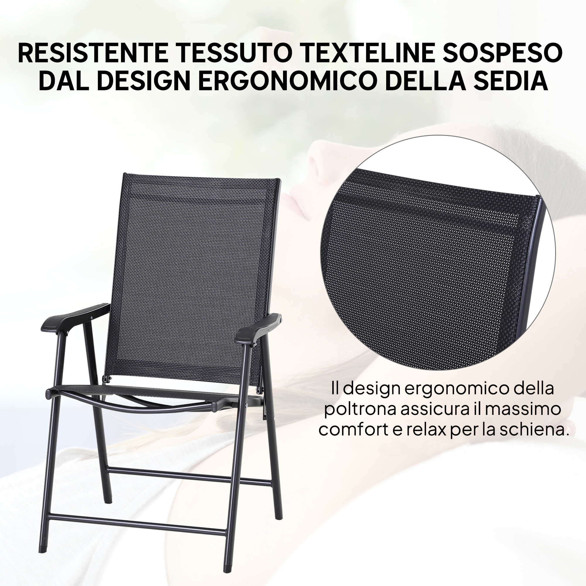 Sedia nera in textilene dal design ergonomico con telaio metallico.