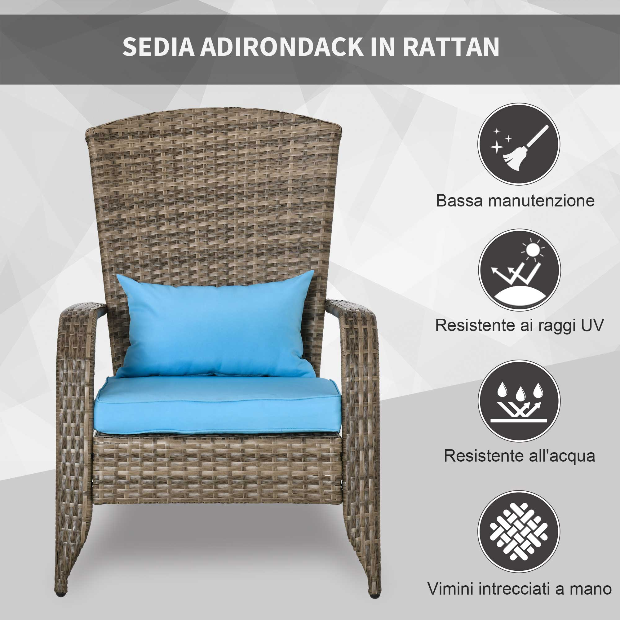 Poltrona in rattan marrone con cuscini blu, con icone: bassa manutenzione, resistente UV, impermeabile.