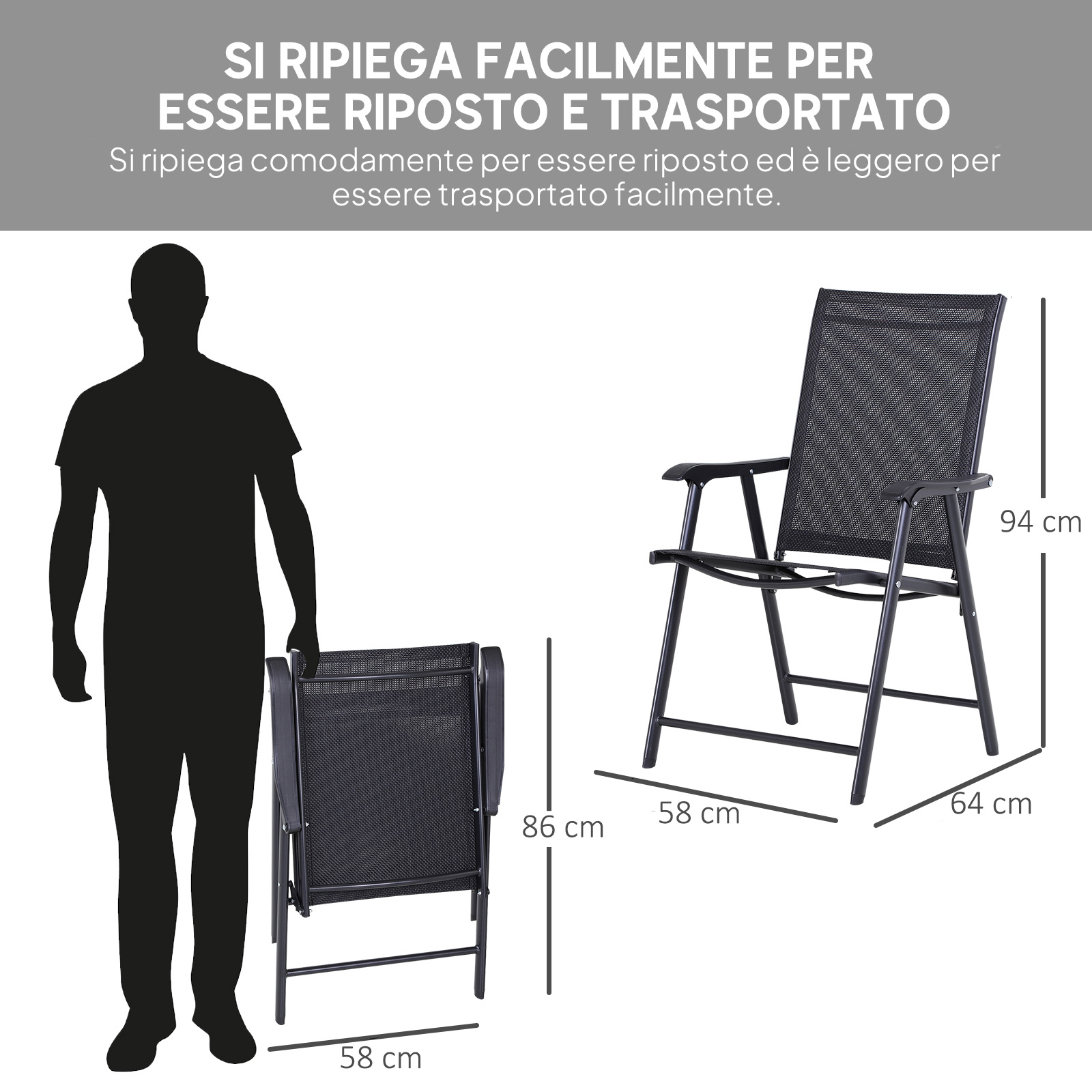 Un uomo accanto a una sedia nera piegata e aperta con dimensioni.