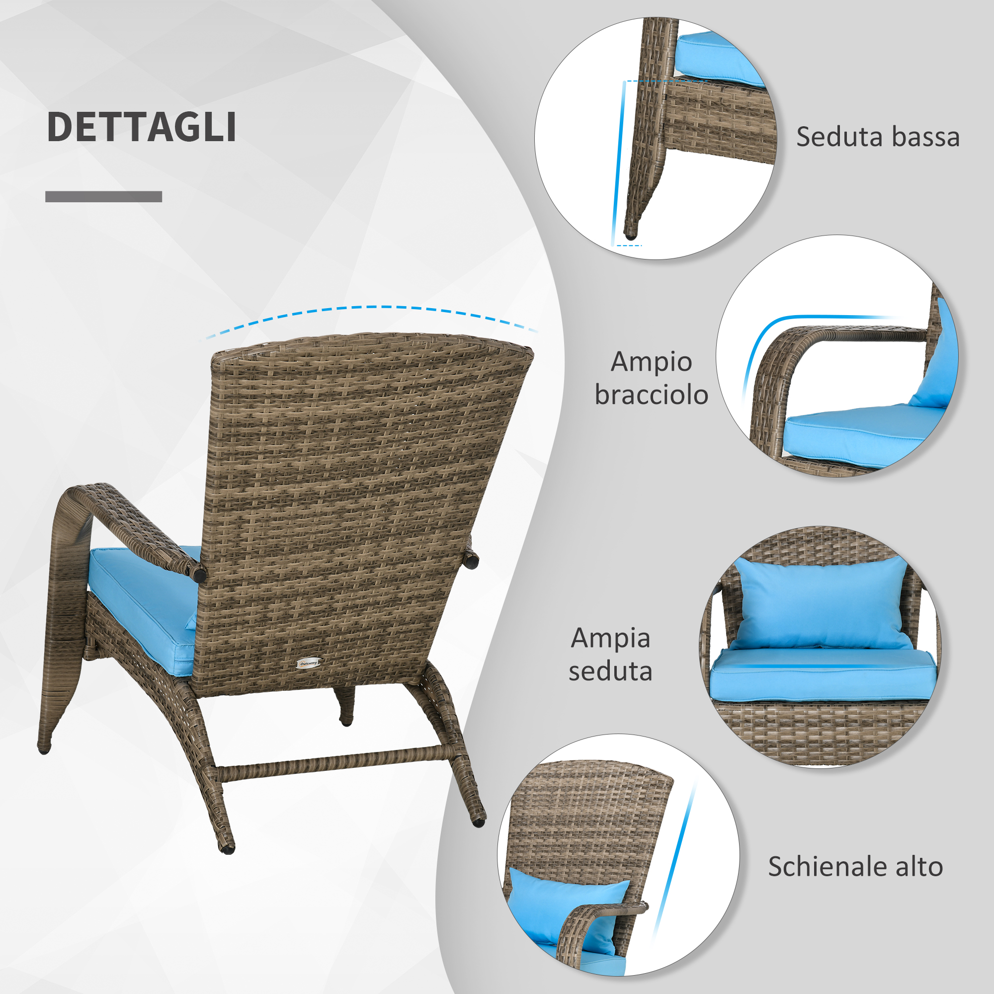 Sedia in vimini con cuscini blu, primi piani di seduta e bracciolo.