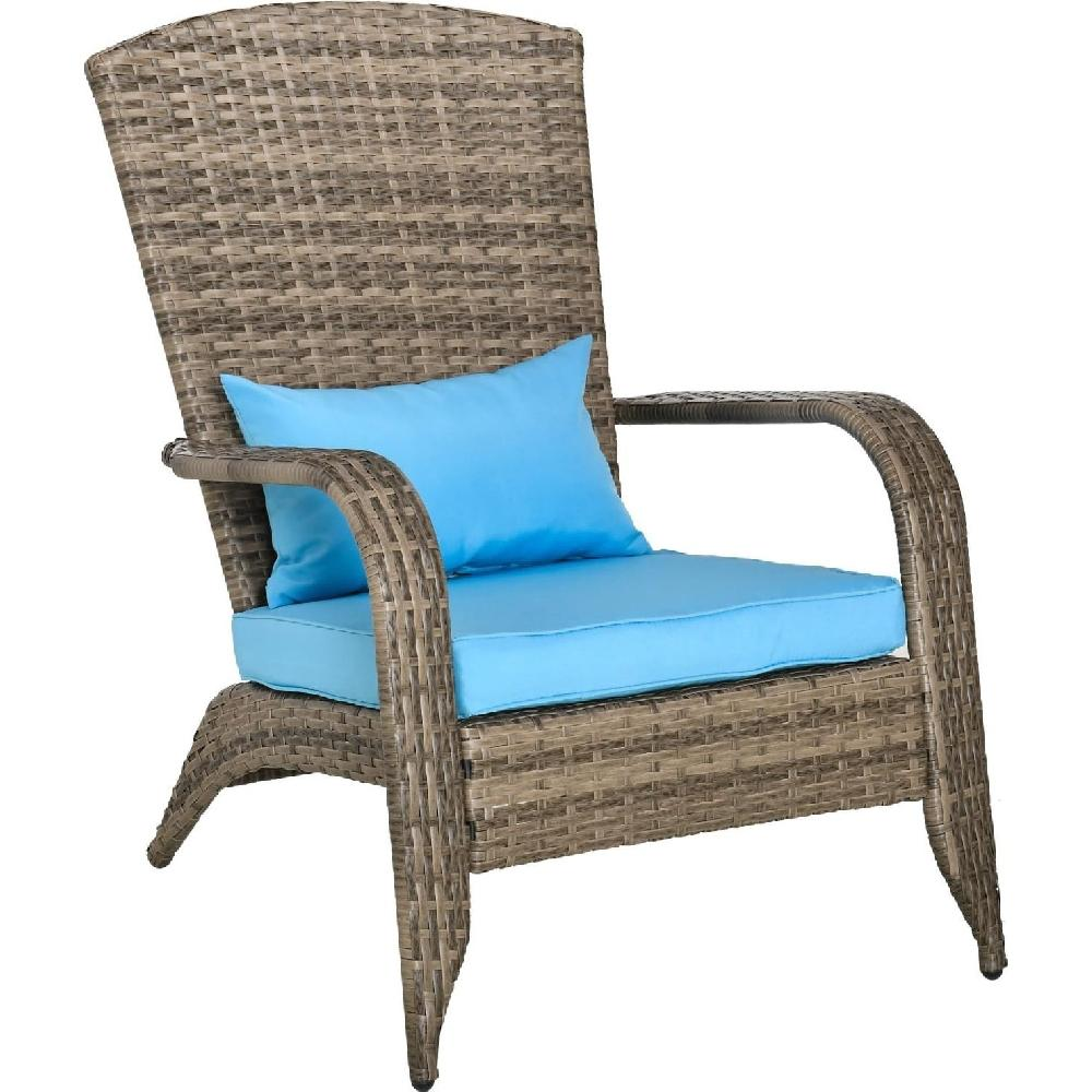 Sedia in rattan marrone con cuscini blu e un piccolo cuscino blu.